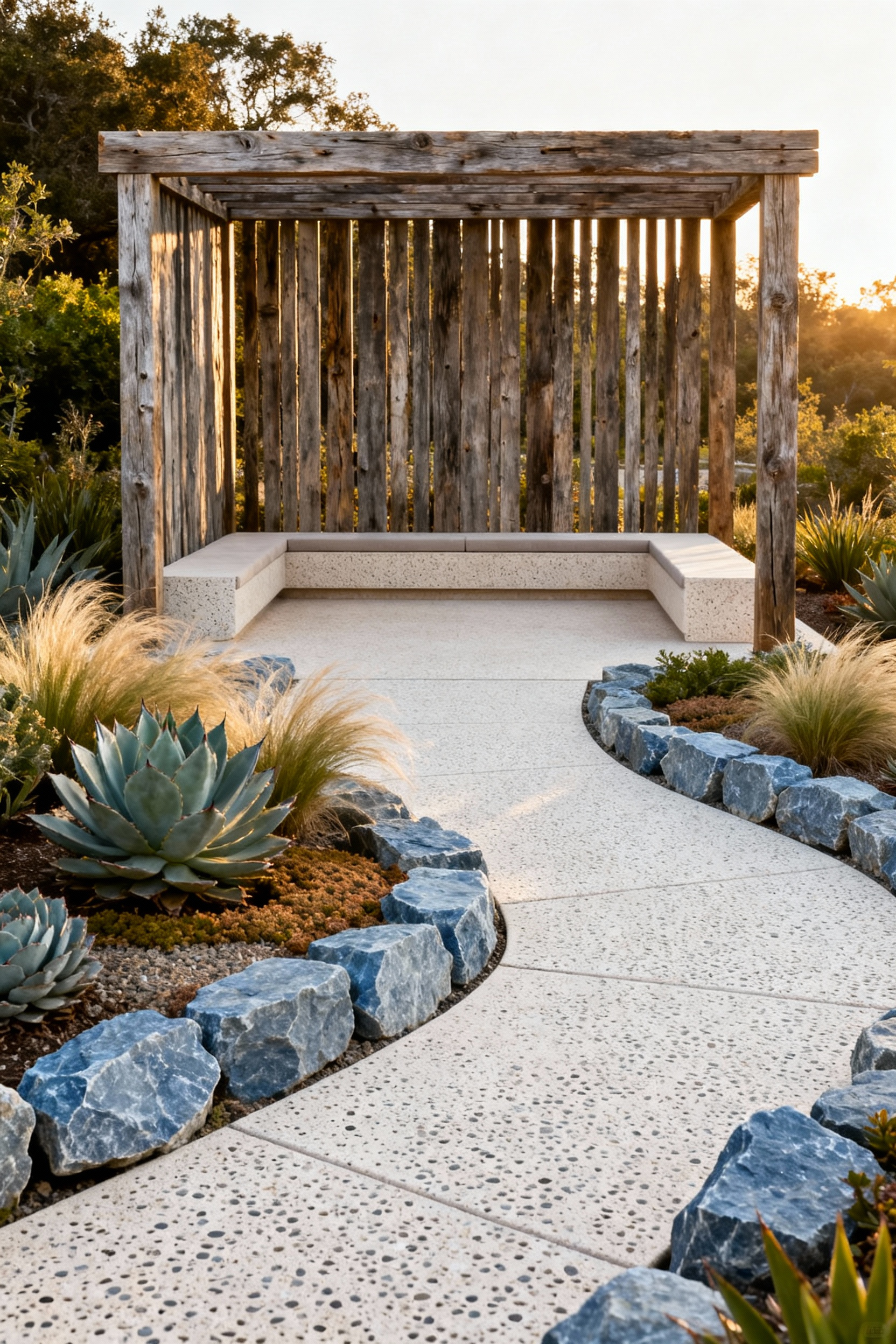 A luxurious, sustainably designed backyard patio featuring porous stone pavers, native drought-tolerant plants, and a striking reclaimed barn wood pergola structure under warm golden hour light.