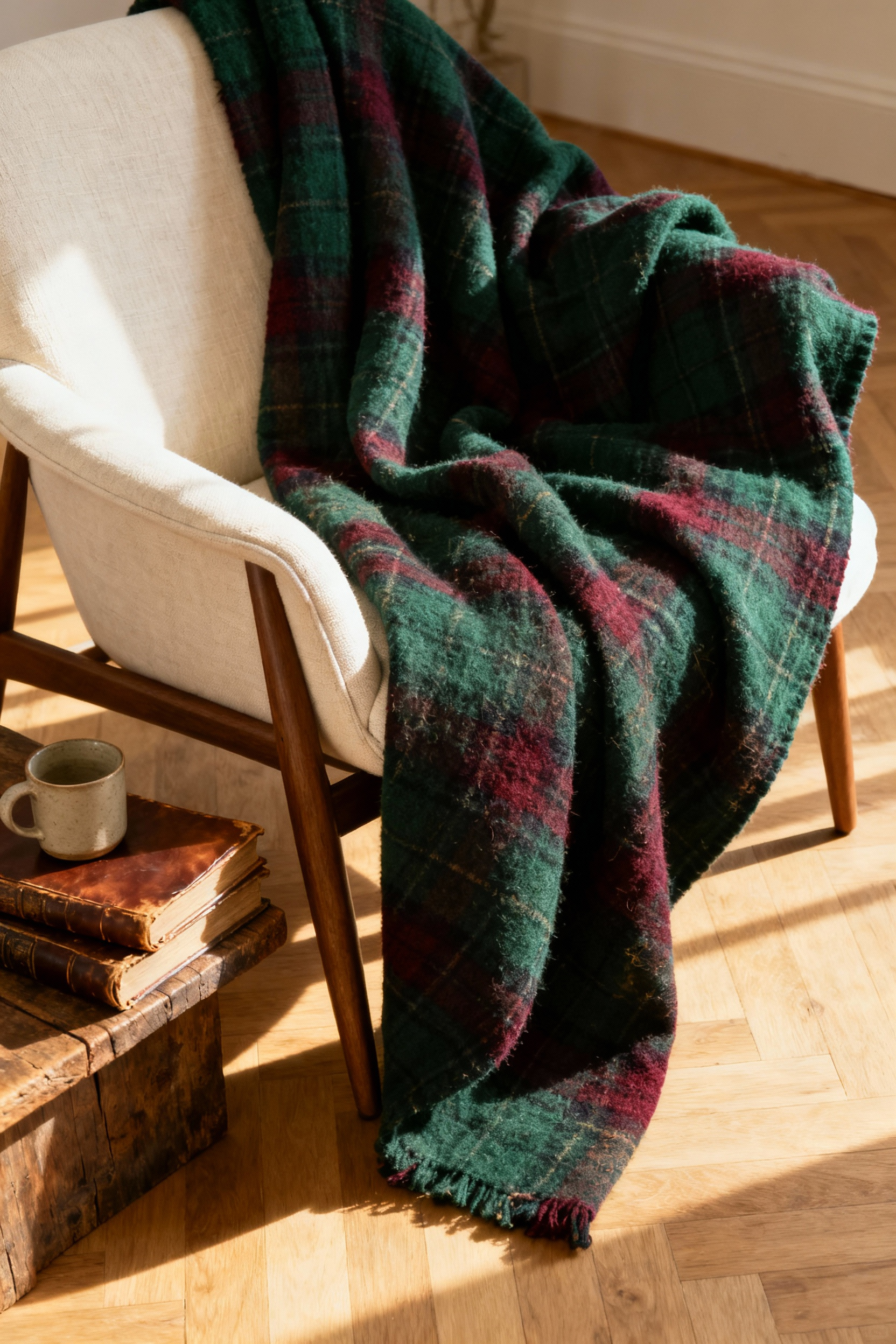 A vintage tartan wool blanket draped casually over a linen armchair in a sunlit living room corner, illustrating sustainable home decor styling and focusing on rich textile texture.