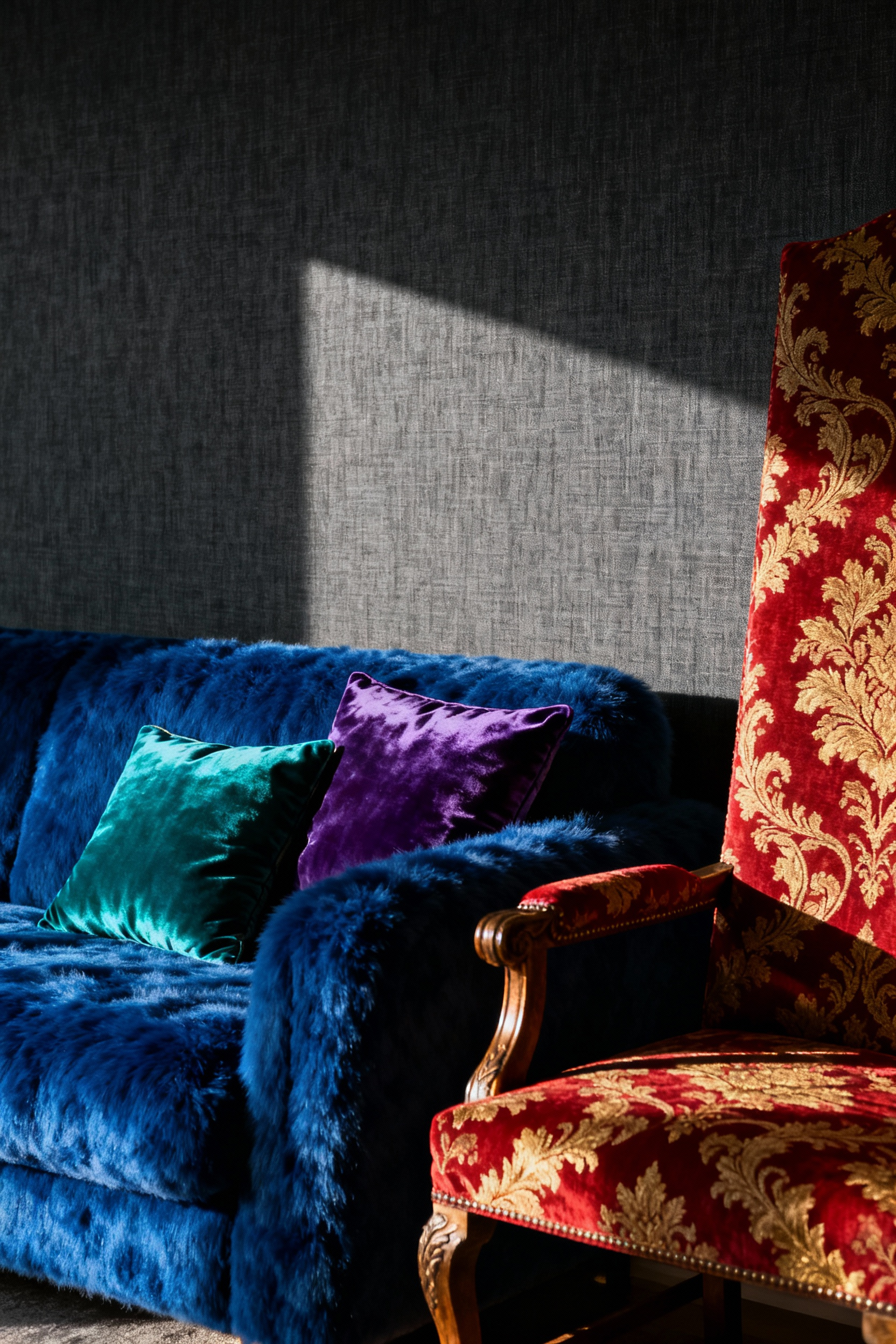 A highly tactile formal living room featuring deeply layered luxury textures. A sapphire mohair sofa sits opposite a heavy gold and crimson brocade armchair, highlighted by directional light showcasing the contrasting fabric piles.