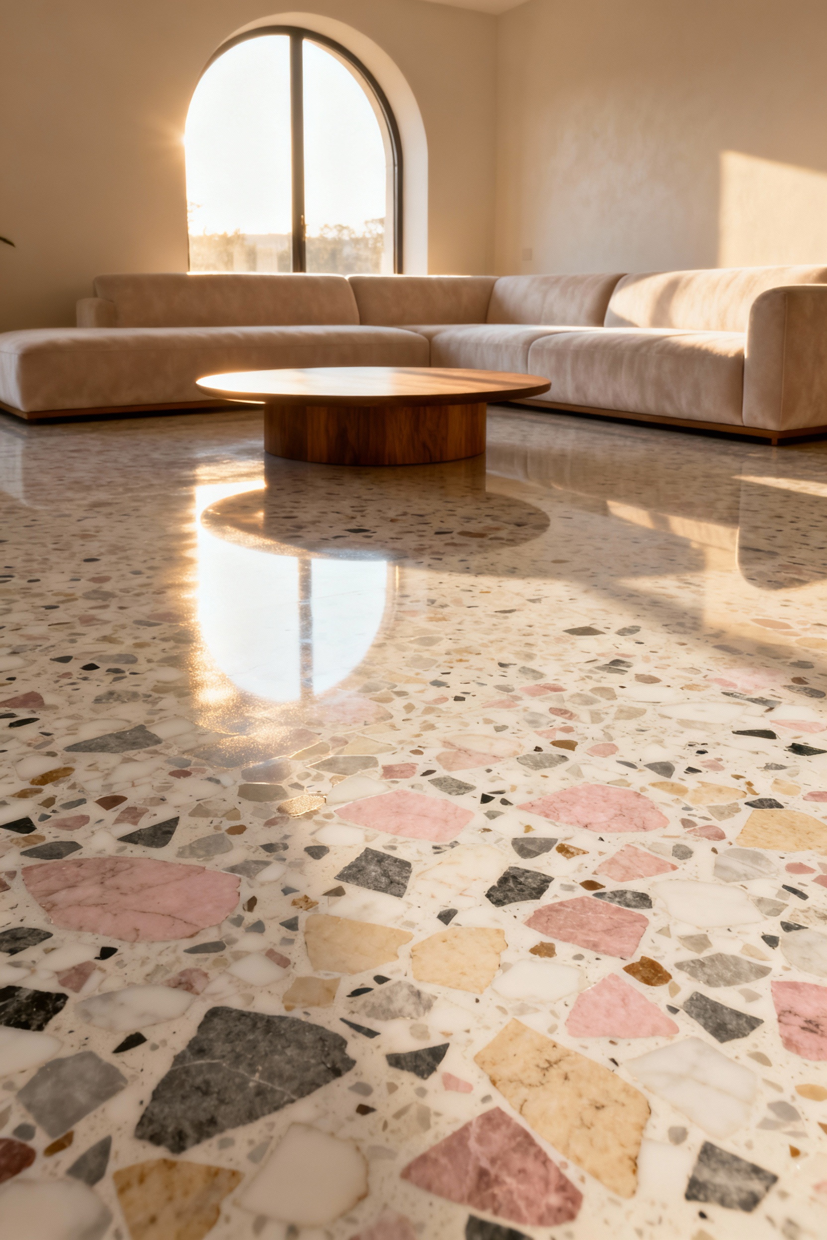 Seamless, highly polished terrazzo flooring with large multicolored marble chips serving as the main surface of a sunlit, contemporary living room.