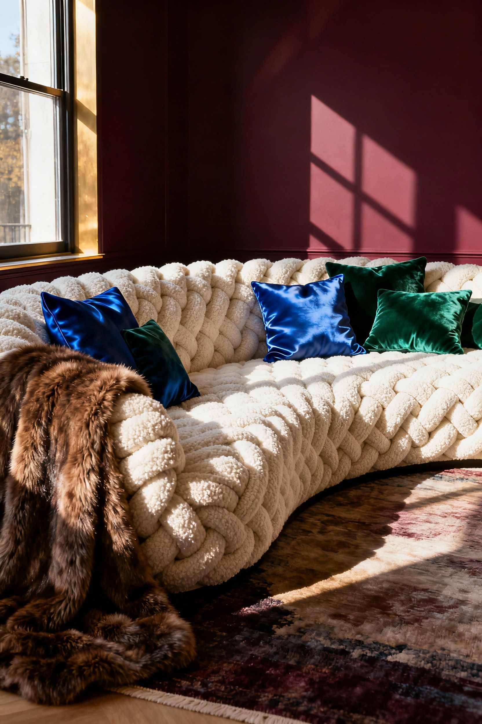 A maximalist living room interior showcasing the tactile contrast between a large cream bouclé sofa, a draped sable faux fur throw, and shimmering sapphire silk accent cushions, emphasizing layered textures and opulent design.