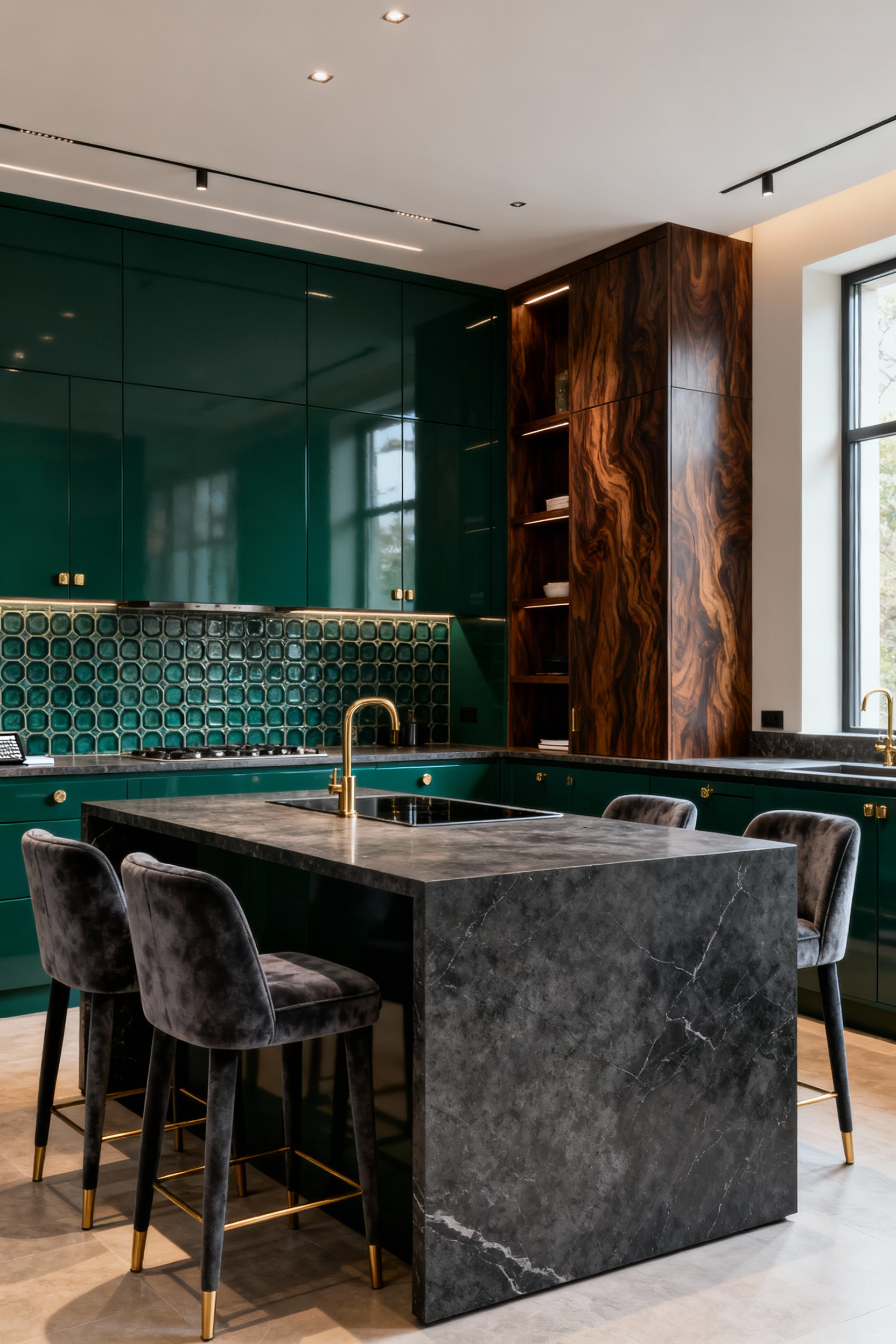 Modern luxury kitchen featuring a brushed Pietra Grigia marble island, emerald lacquered cabinetry, geometric patterned backsplash, and velvet bar stools, showcasing diverse textures.
