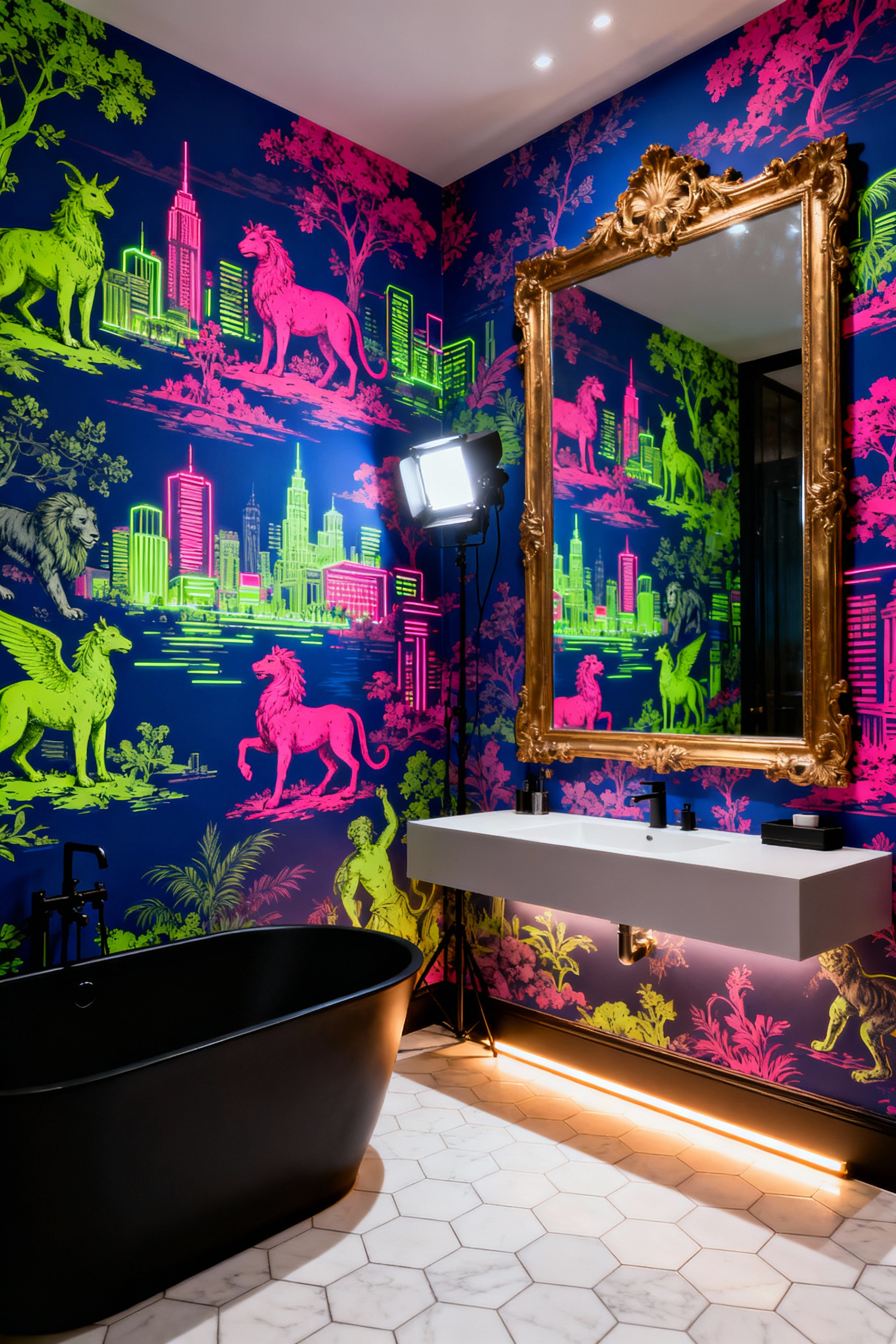 A luxury bathroom featuring subversive, neon hot pink and indigo reimagined Toile de Jouy wallpaper contrasting with a modern matte black bathtub and white marble floor.