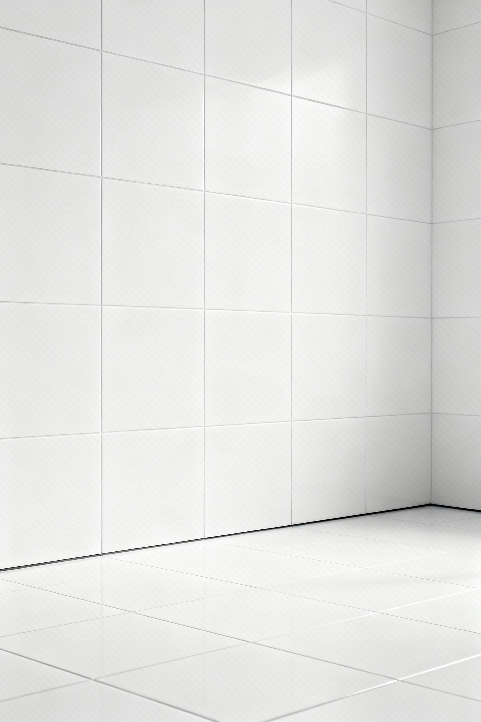 White bathroom with seamless tonal grout and large format tiles, creating a monolithic and serene aesthetic.