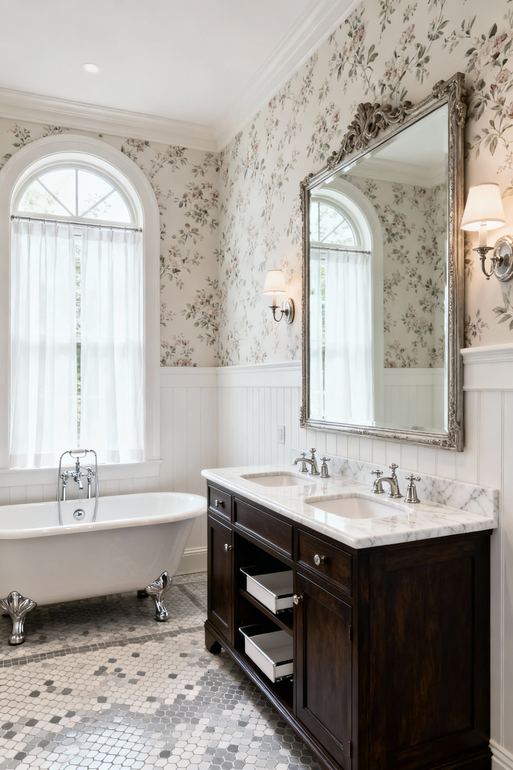 Luxurious traditional bathroom showcasing elegant clawfoot tub, dark wood vanity with Carrara marble top, classic wainscoting, and mosaic floor tiles, reflecting a perfect blend of classical aesthetics and discreet modern functionality. Natural light illuminates the serene and refined space.