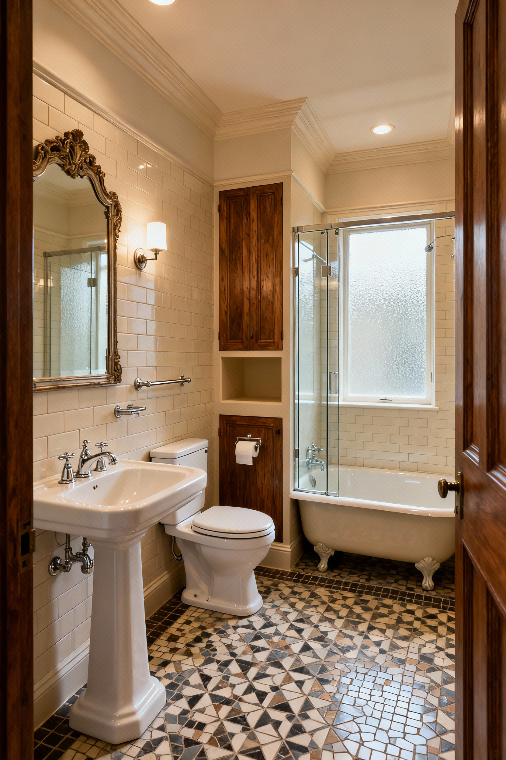 Traditional bathroom interior showing optimized ergonomic layout, featuring a narrow pedestal sink, compact wall-mounted toilet, recessed storage, elegant mirror, and light-colored tiles, emphasizing spaciousness and efficient flow in a constrained space.