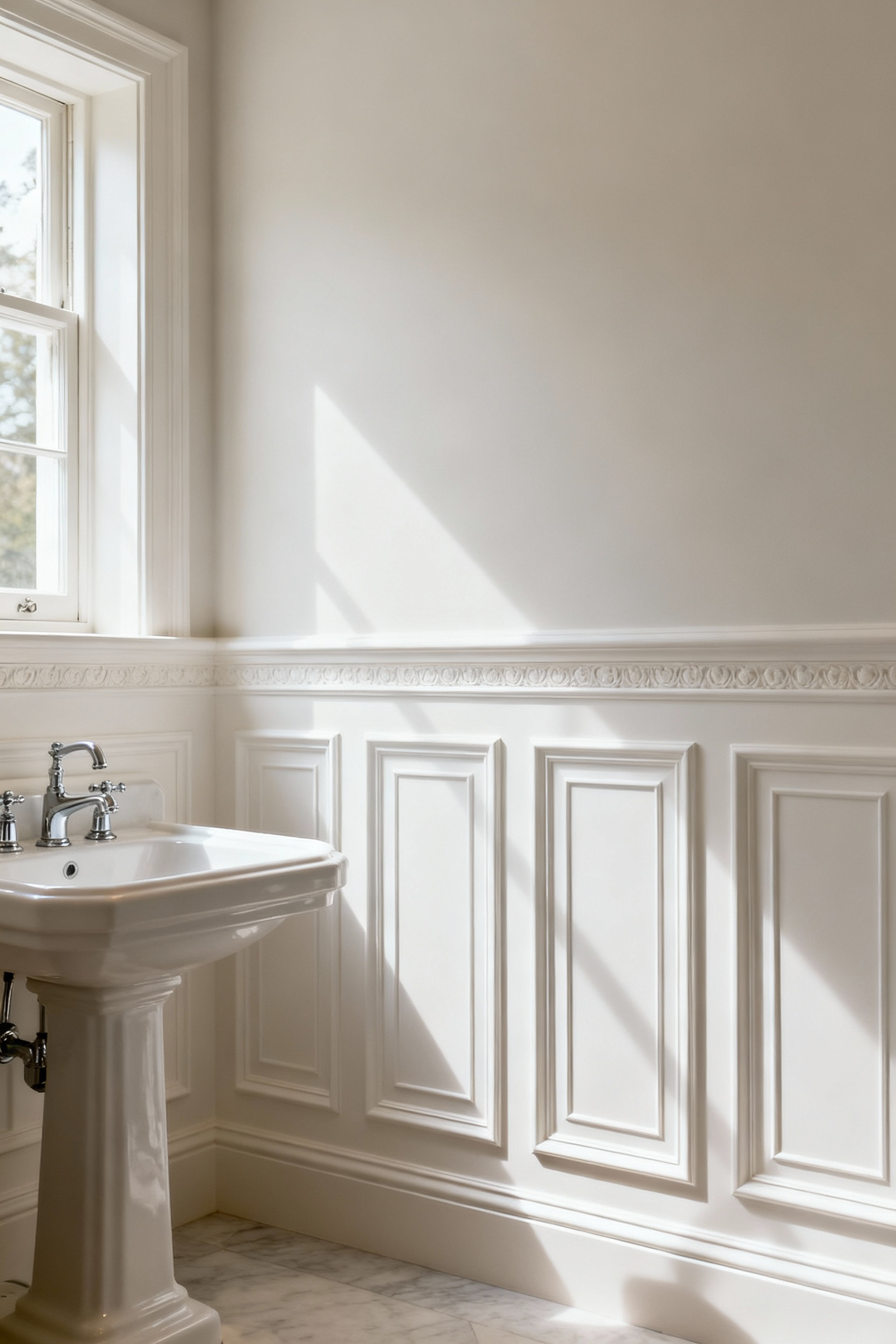 Elegant traditional bathroom featuring intricate white wainscoting and detailed wall paneling, with classic fixtures under soft natural light.