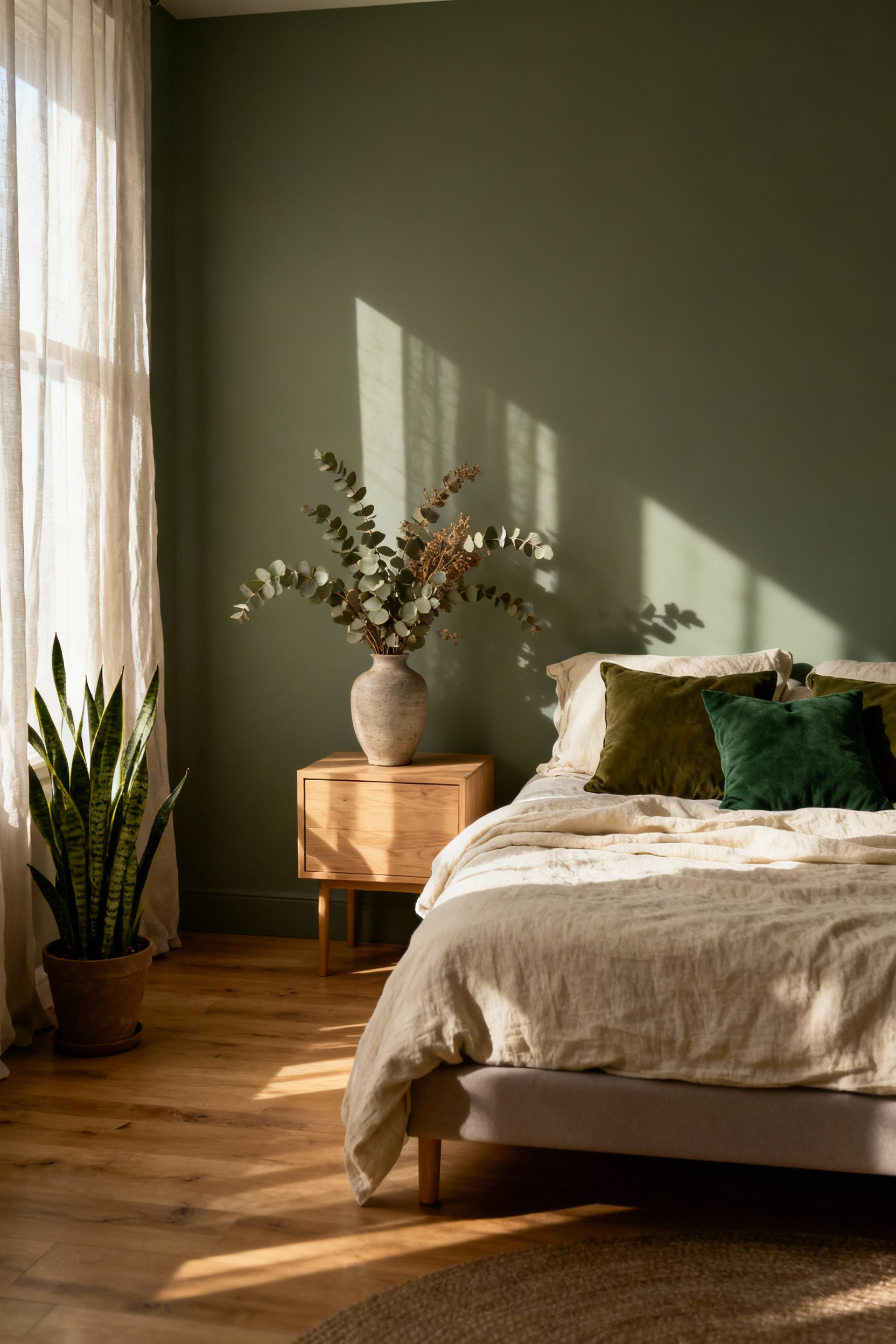 A photograph of a tranquil bedroom featuring sage green walls, layered linen bedding, natural wood furniture, and soft morning light, embodying a restful biophilic design aesthetic.