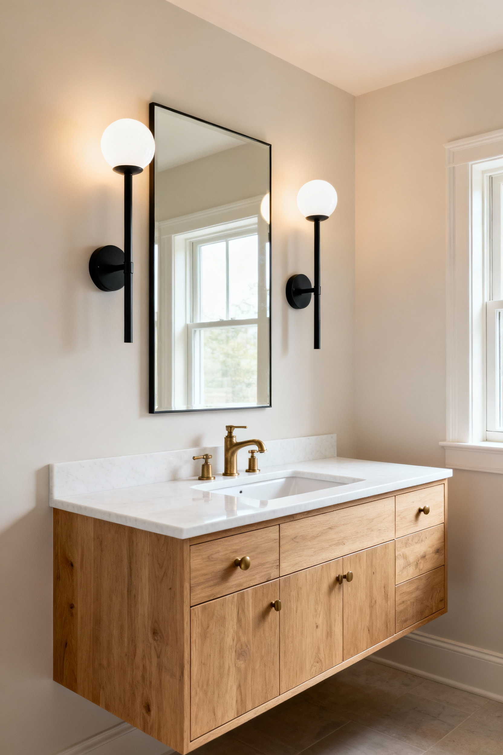 Professional photograph of a transitional bathroom vanity featuring matte black wall sconces with vintage-style globe shades flanking a mirror above a light wood floating vanity and white quartz countertop.