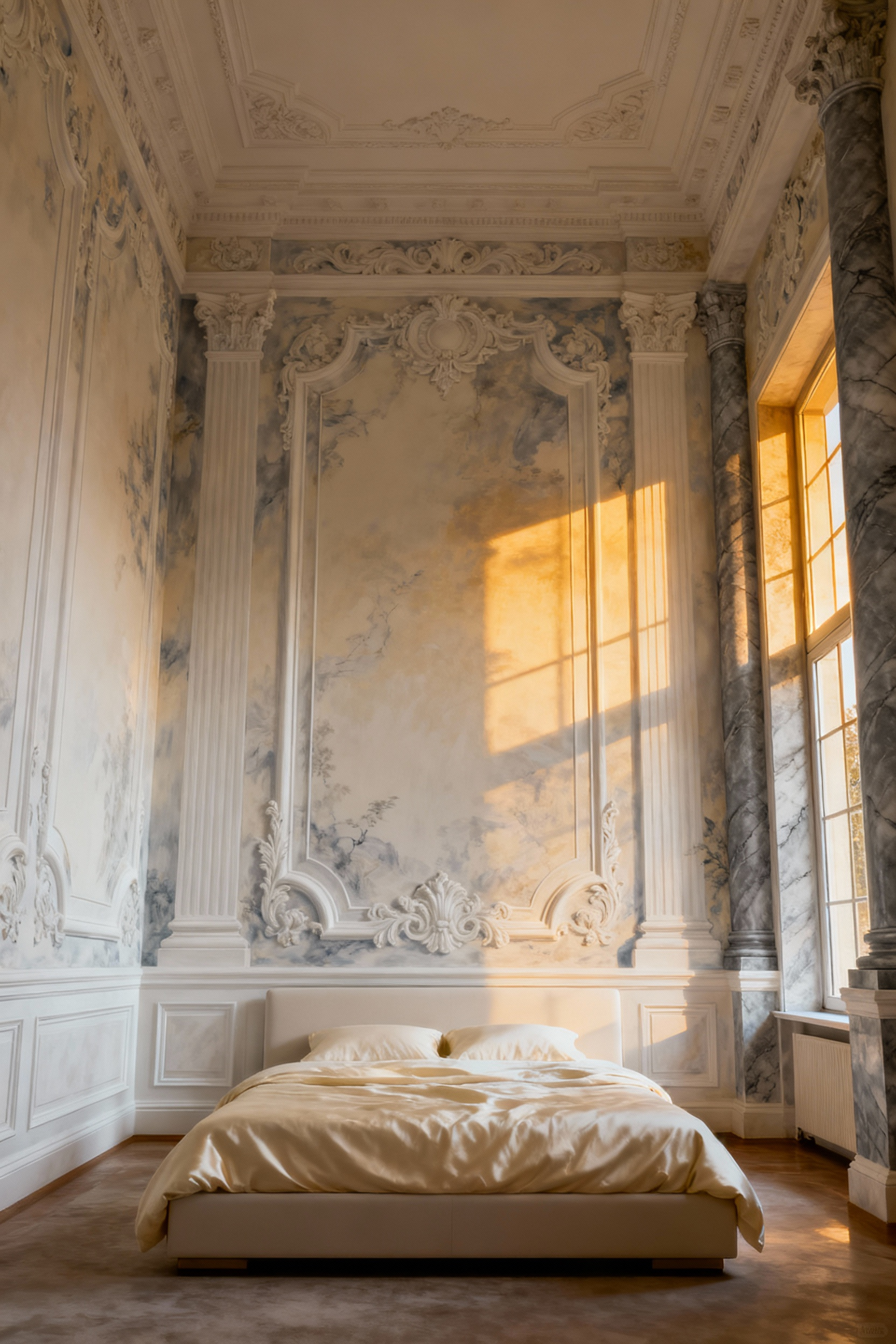 Master bedroom featuring trompe l'oeil wallpaper designed to look like three-dimensional white classical moldings and carved stucco paneling, creating structural grandeur.