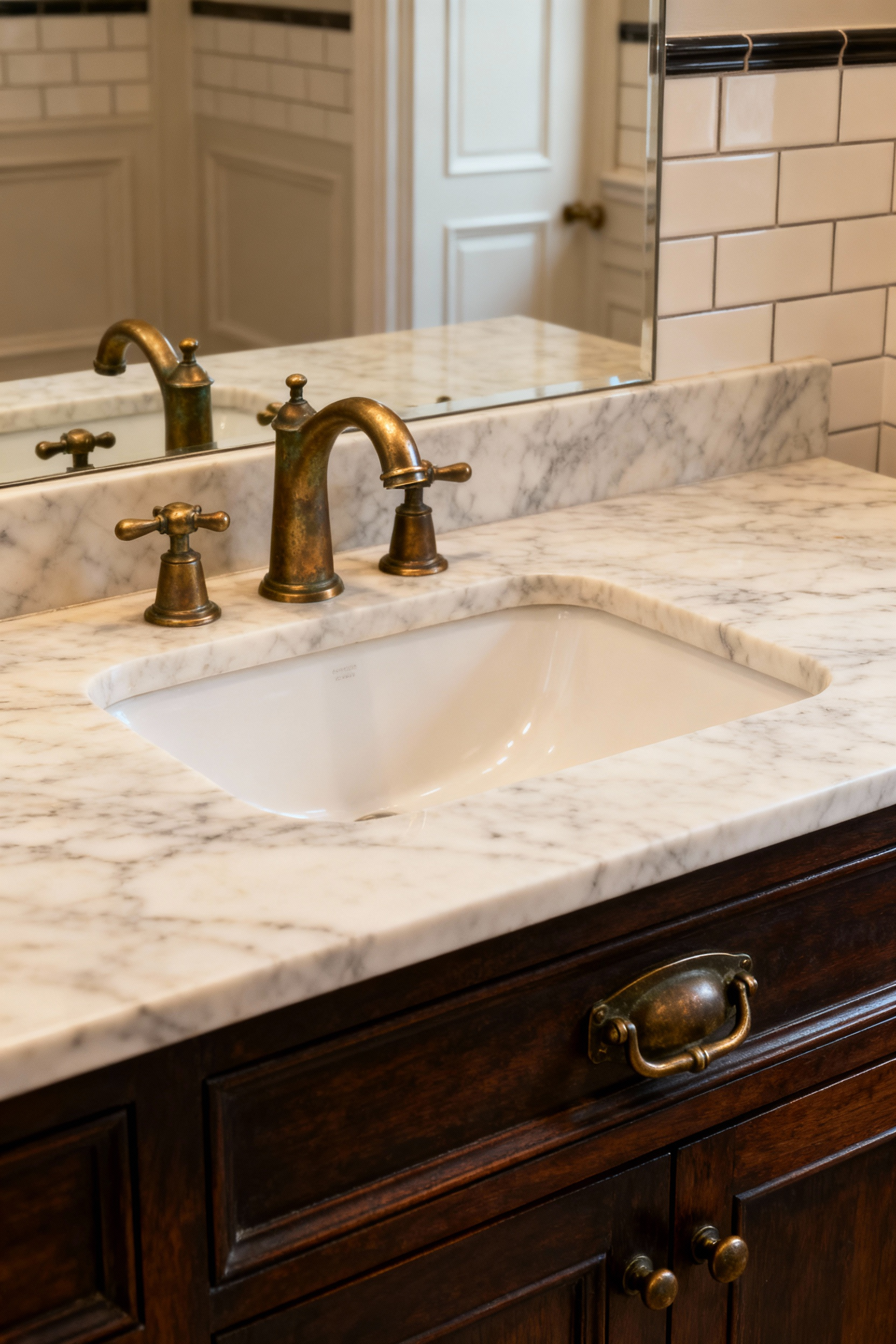 Close-up of a traditional bathroom sink with unlacquered brass widespread faucet displaying a beautiful, natural patina, alongside an aged bronze cabinet pull on a dark wood vanity, evoking historical elegance and enduring craftsmanship.
