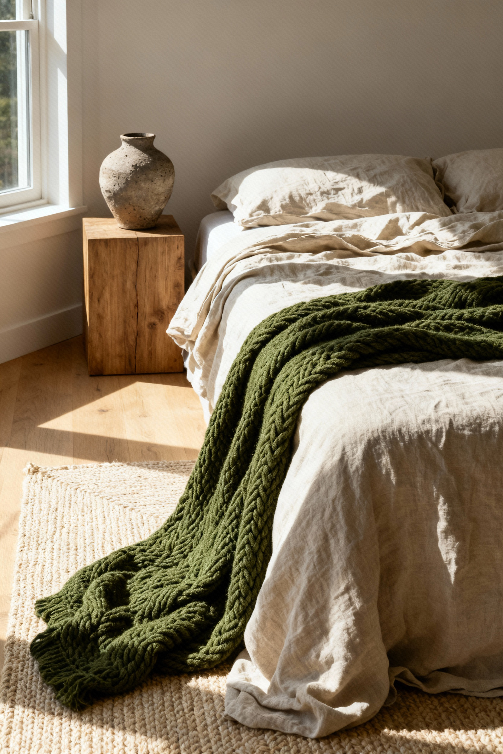 A sunlit green and natural bedroom featuring a bed dressed in unbleached washed linen bedding paired with a moss green chunky knit throw blanket, emphasizing soft, tactile textures and an organic aesthetic.
