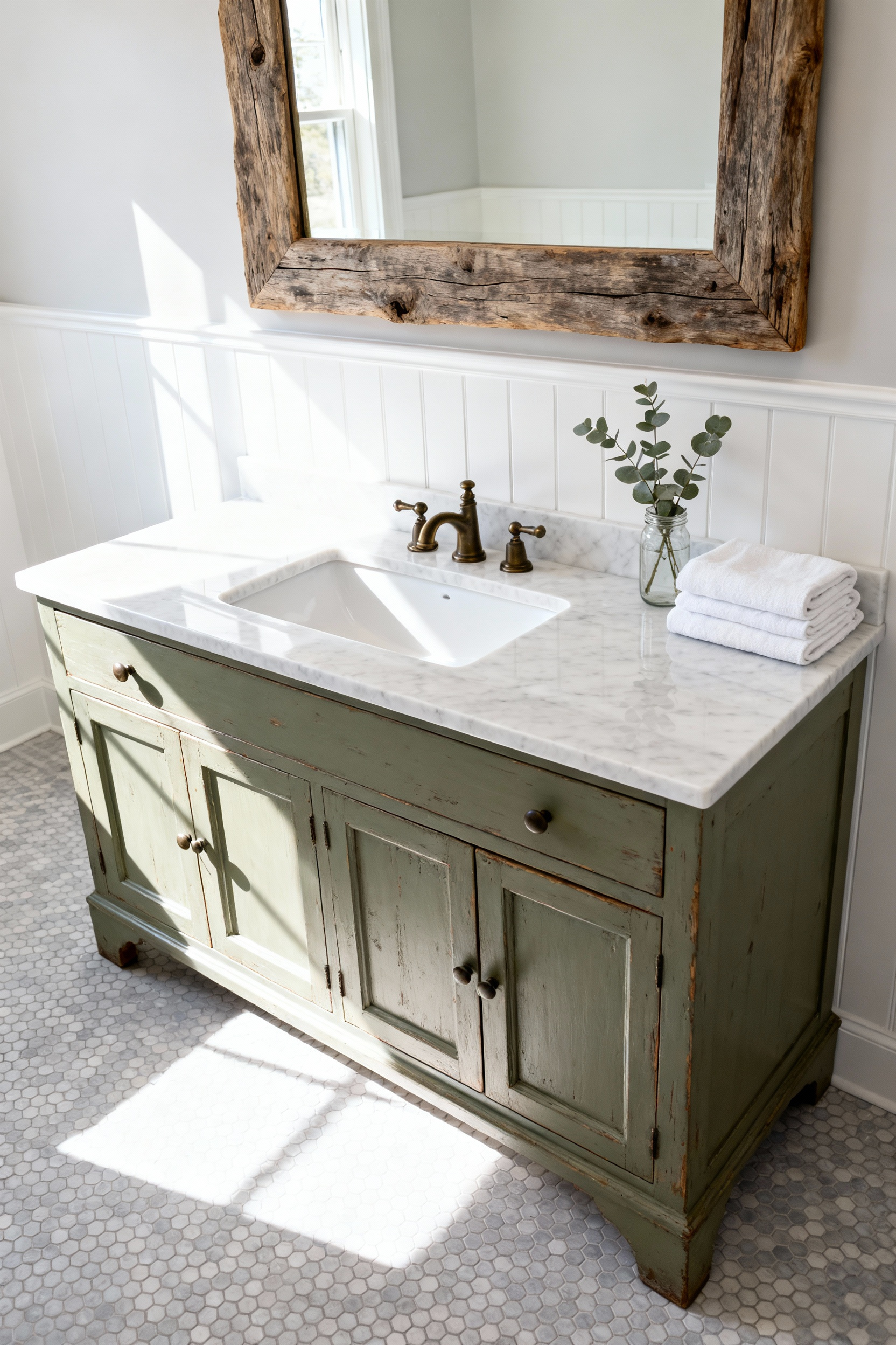 Upcycled sage green antique dresser transformed into a rustic bathroom vanity with a white quartz countertop and oil-rubbed bronze fixtures.