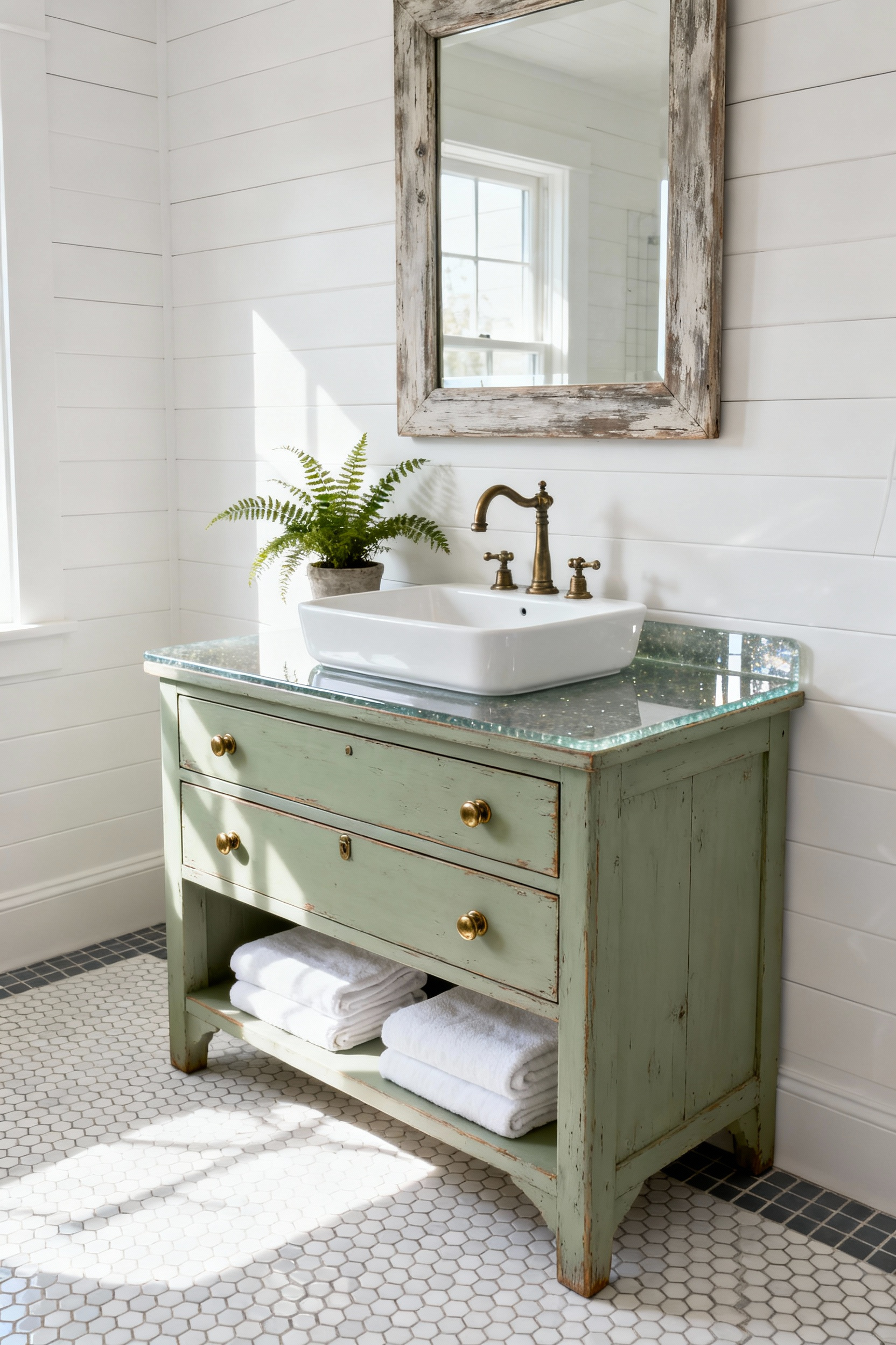An upcycled sage green vintage solid wood dresser transformed into a cottage bathroom vanity with a white vessel sink, set against white shiplap walls and hexagonal tile flooring.