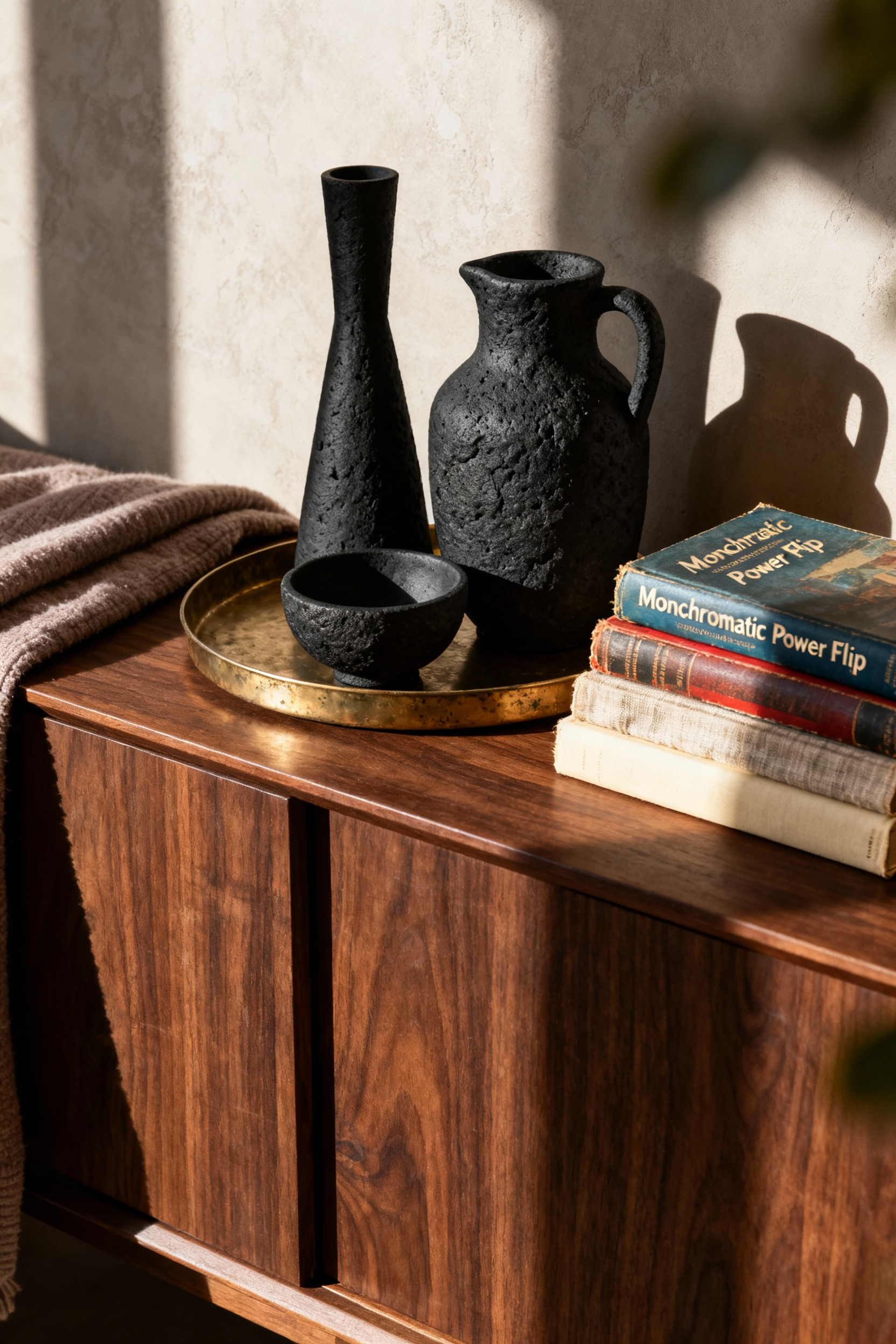A stylish living room vignette showcasing three thrift store ceramic vessels unified by a cohesive matte black stone-texture spray paint finish, grouped with linen-spined vintage books on a dark wood credenza.