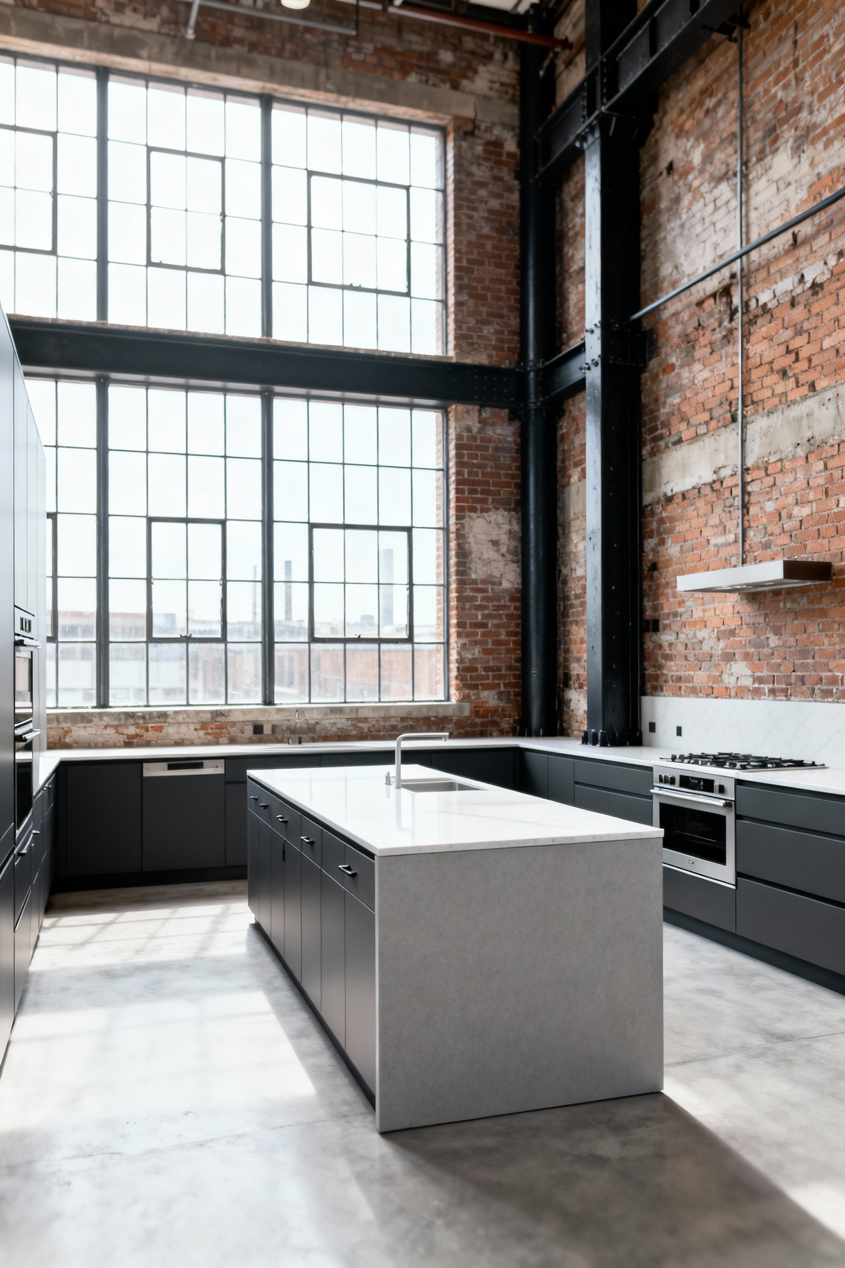 Wide architectural photograph of a modern urban kitchen set within a converted factory space. The image highlights the spacious 48-inch clearance between the central light gray island and the perimeter charcoal cabinets, emphasizing optimal traffic flow and spatial planning for high-use urban environments.