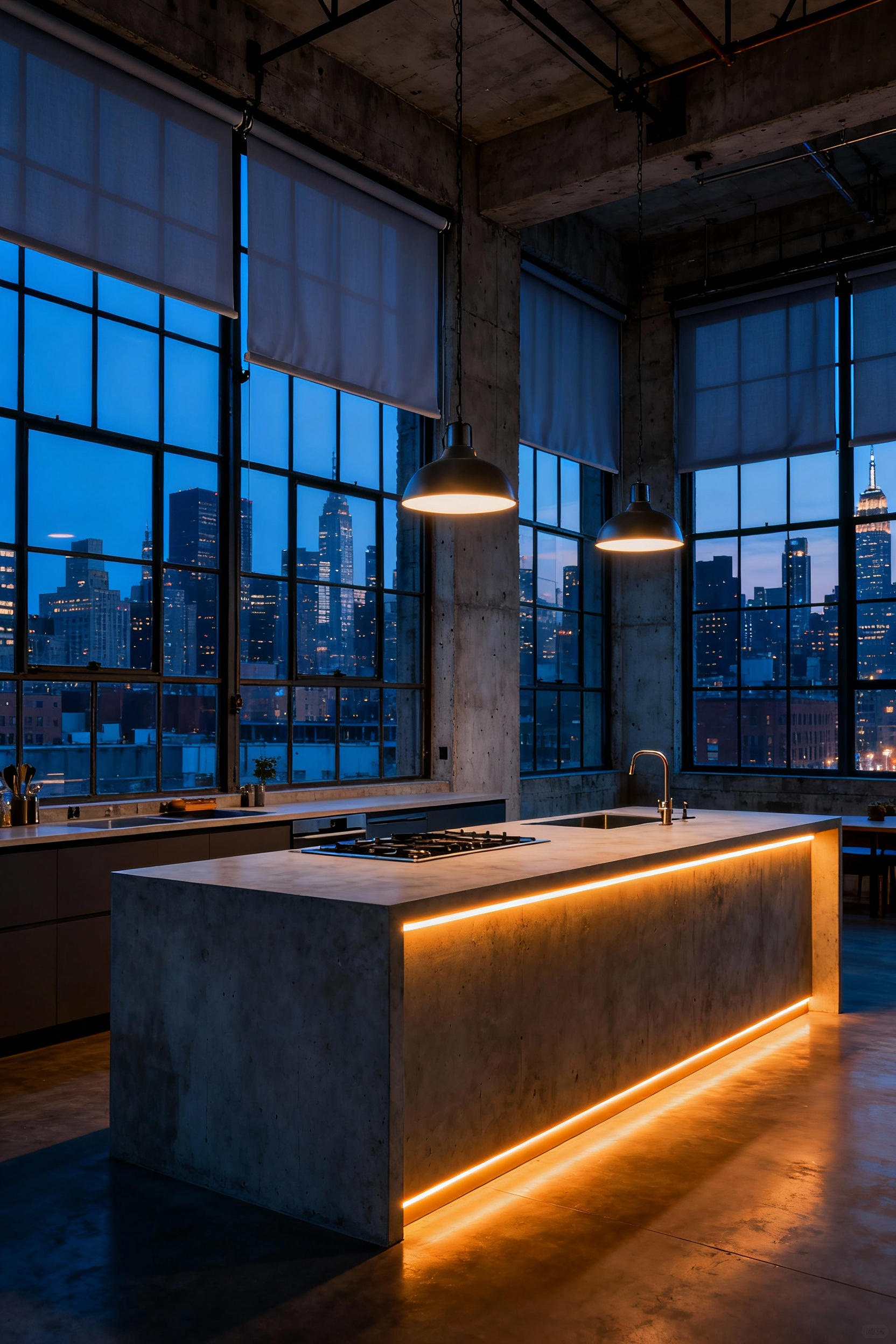Industrial kitchen with layered sheer window treatments balancing warm interior pendant lighting against the cool blue hour city skyline visible through expansive glazing.