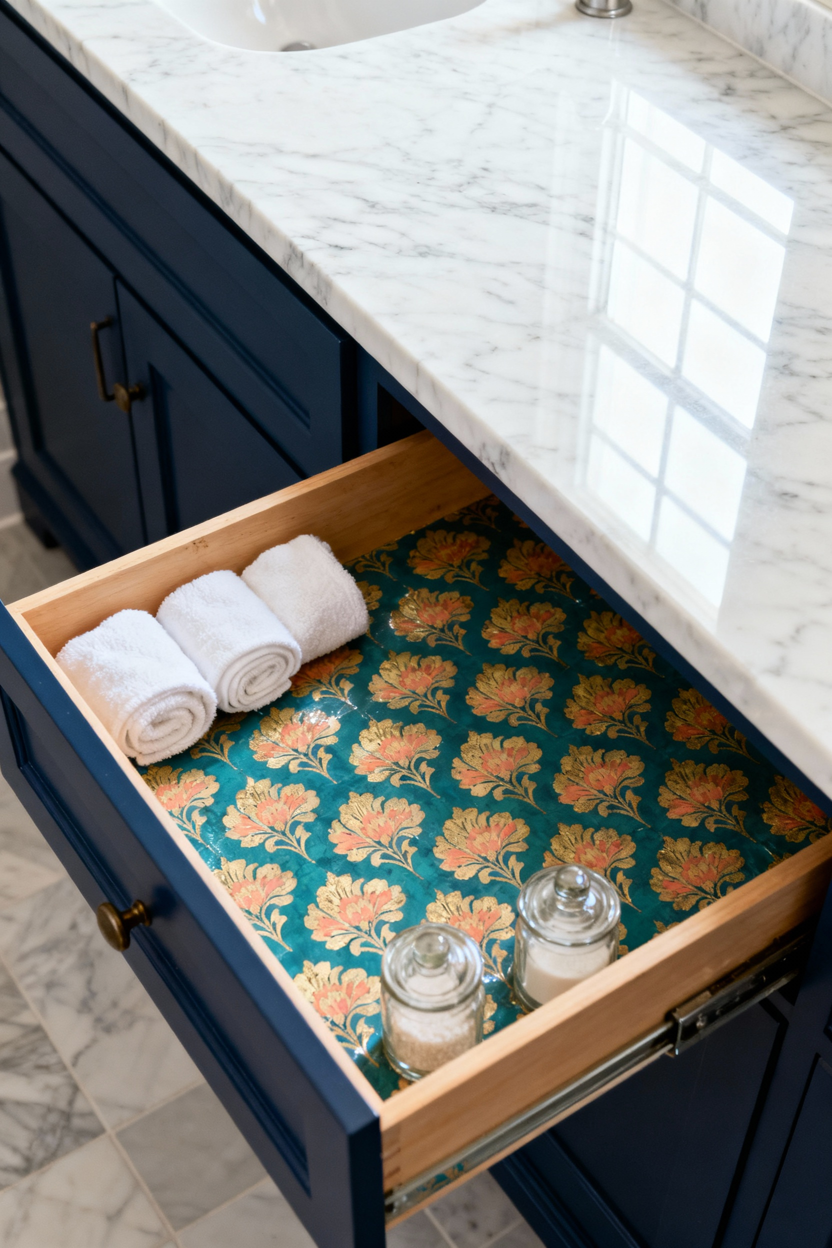 A navy blue bathroom vanity with the drawer pulled open, revealing a bold interior lining of sealed vintage teal and coral floral wallpaper.