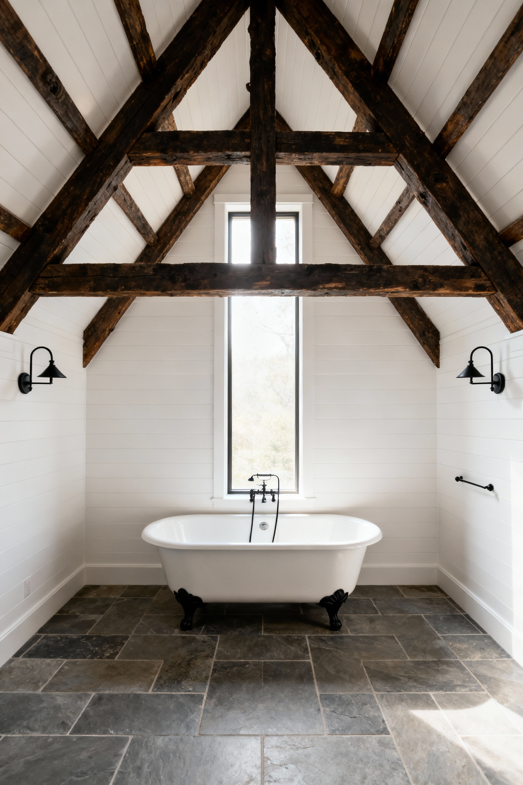 Rustic country bathroom with high vaulted ceiling and exposed dark wooden beams creating a dramatic textural contrast against white shiplap walls.
