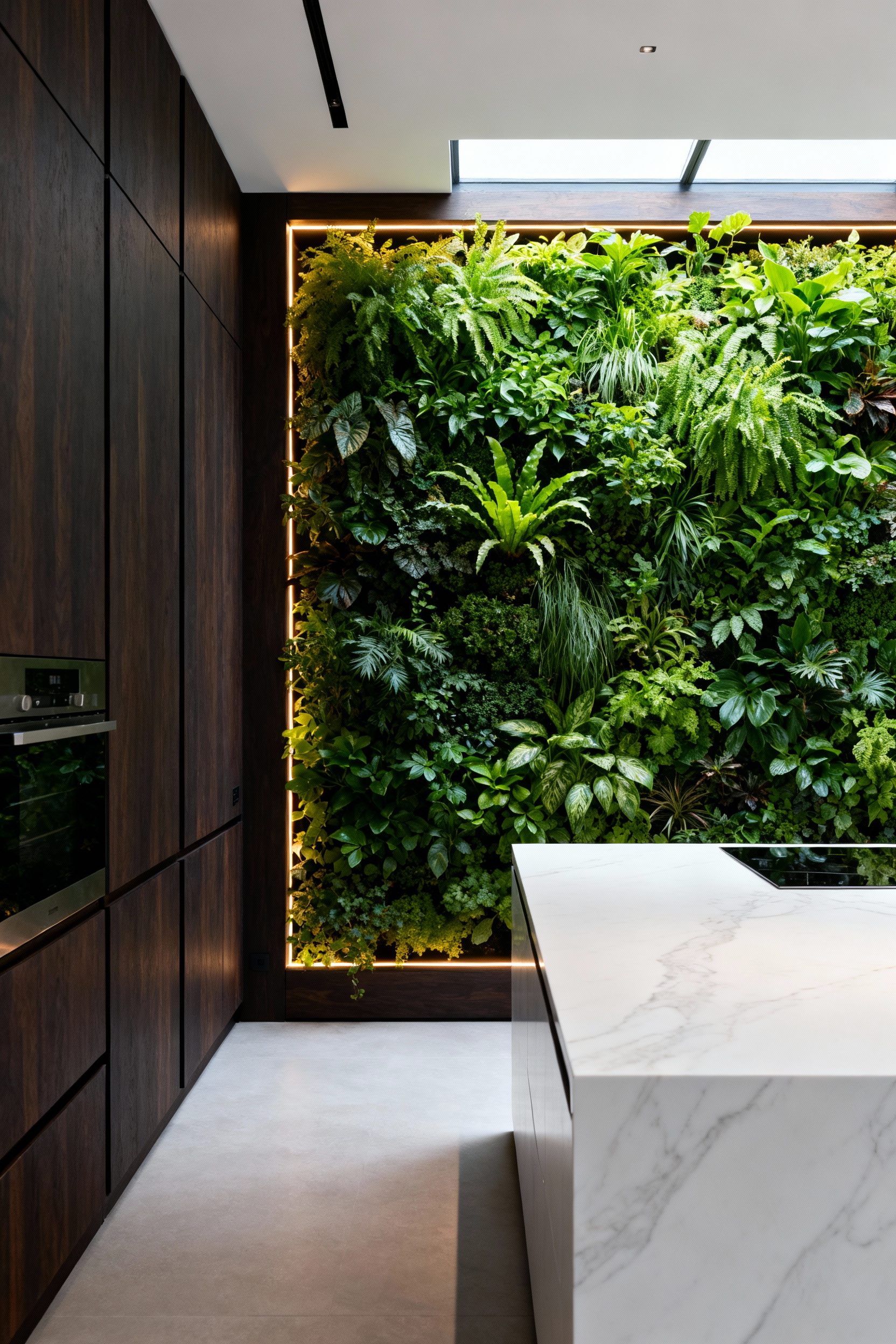 A modern luxury kitchen with an expansive, integrated vertical garden and living wall, showcasing lush green plants and elegant design elements.