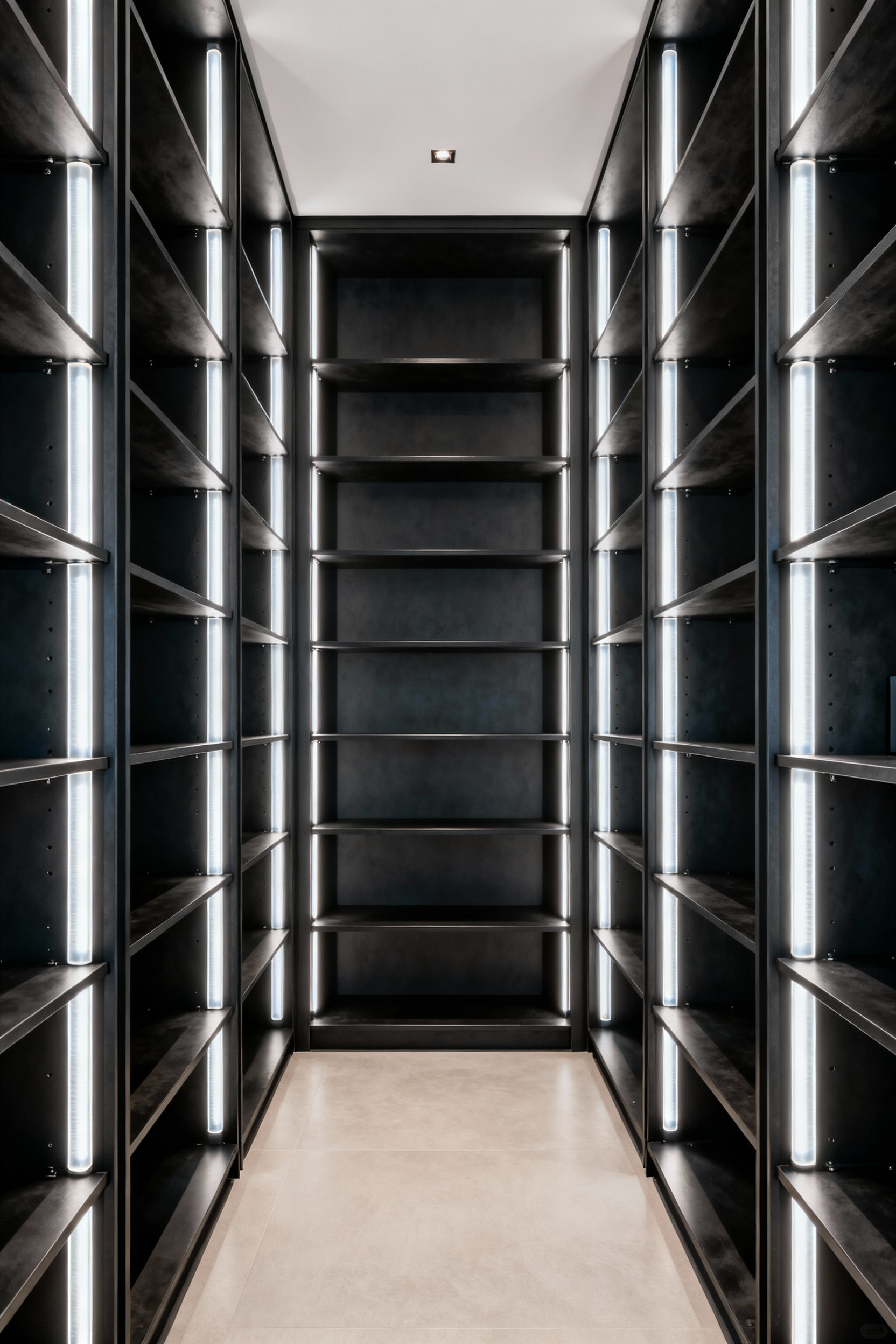 A detailed architectural view of a modern pantry featuring dark metal shelving and integrated vertical LED lighting channels that provide continuous, shadow-free cross-shelf illumination for optimal kitchen lighting design and storage visibility.