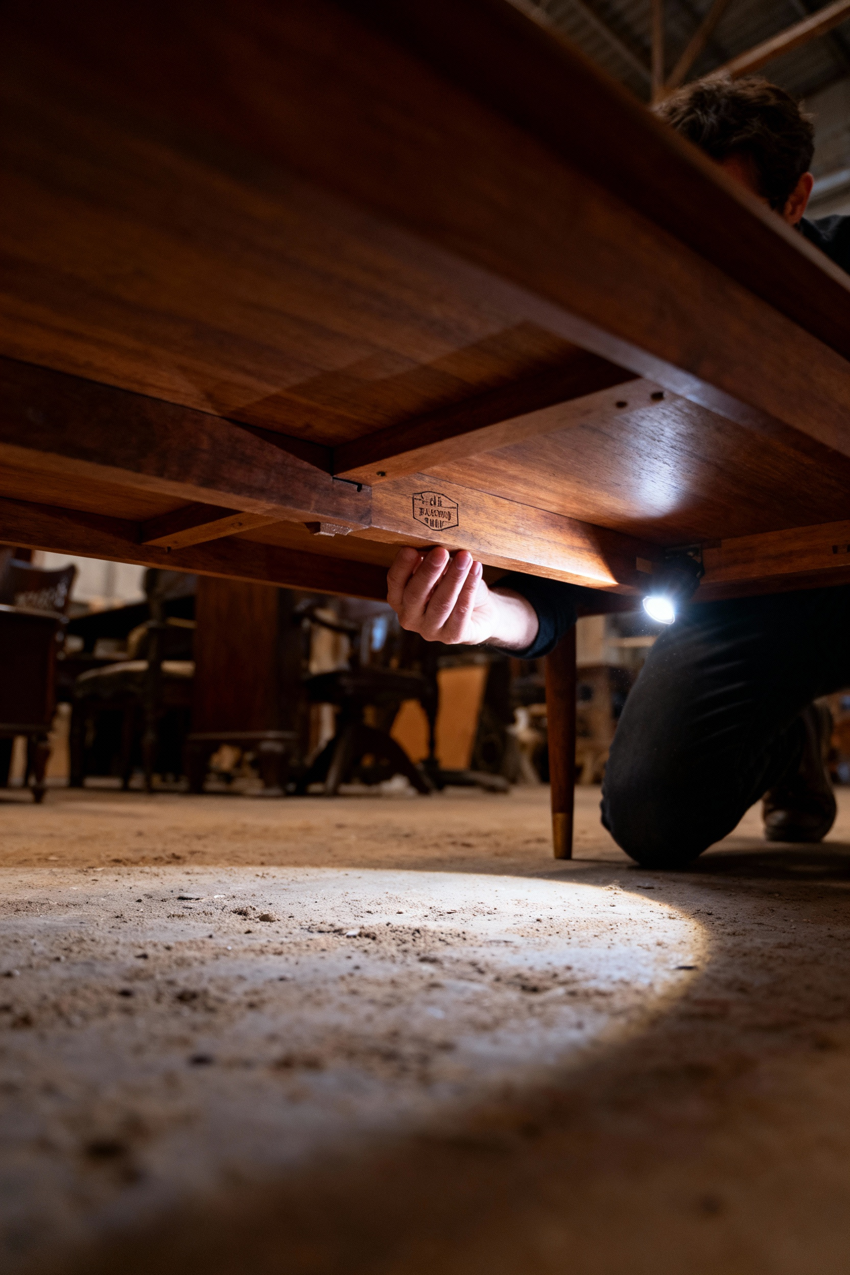 Expert kneeling on a dusty floor, using a flashlight to meticulously examine the joinery and construction details on the underside of a vintage mid-century modern coffee table to verify its authenticity.