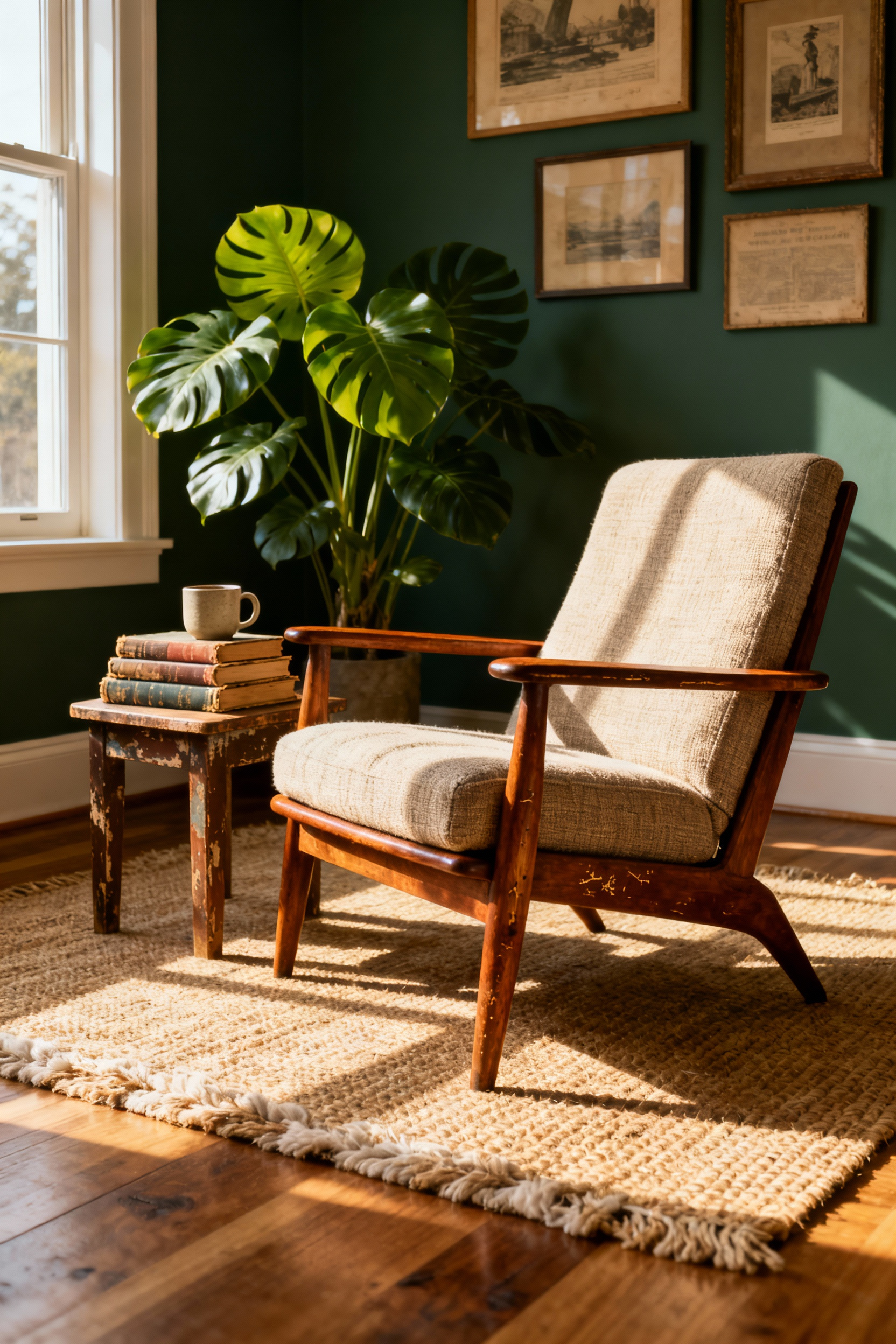 A warm, authentic mid-century modern living room featuring a vintage Danish teak armchair with visible scratches and patina, emphasizing a curated, lived-in style over sterile showroom perfection.