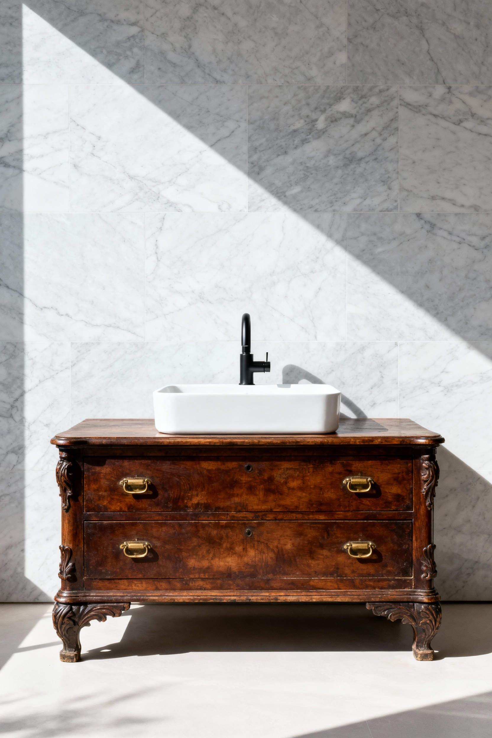 Repurposed dark mahogany low-boy dresser utilized as a bathroom vanity, topped with a crisp white rectangular ceramic vessel sink and minimalist matte black wall-mounted faucet.