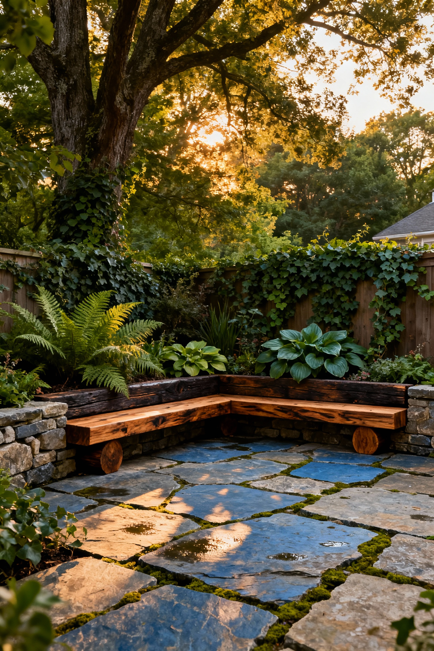 A serene backyard patio focused on wellness design, featuring a floor of irregular bluestone pavers and a low wall made of rough-hewn cedar, surrounded by lush biophilic greenery.