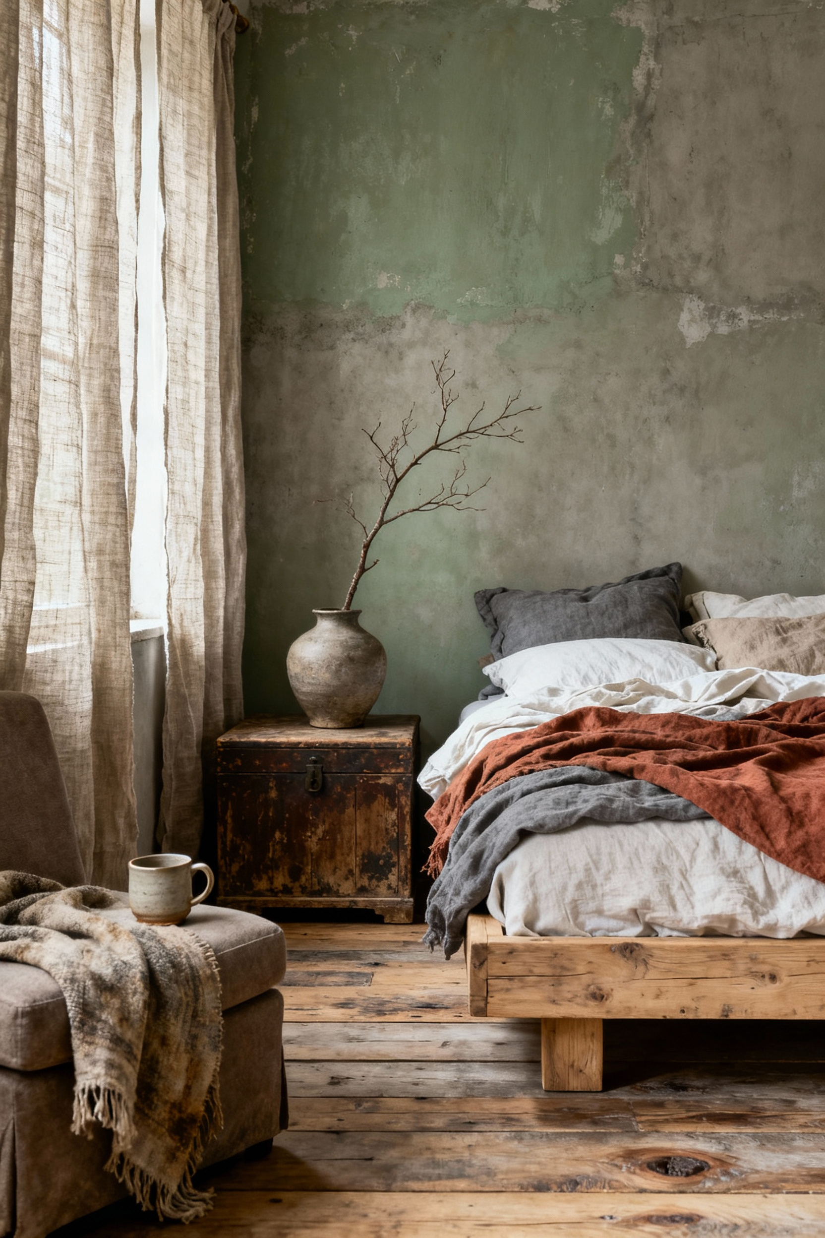 A cozy bedroom designed with Wabi-Sabi principles, featuring a bed with raw cotton and linen bedding in muted tones, an antique wooden chest, an unpolished ceramic vase, and reclaimed wood floors, embodying rustic simplicity and natural imperfections.