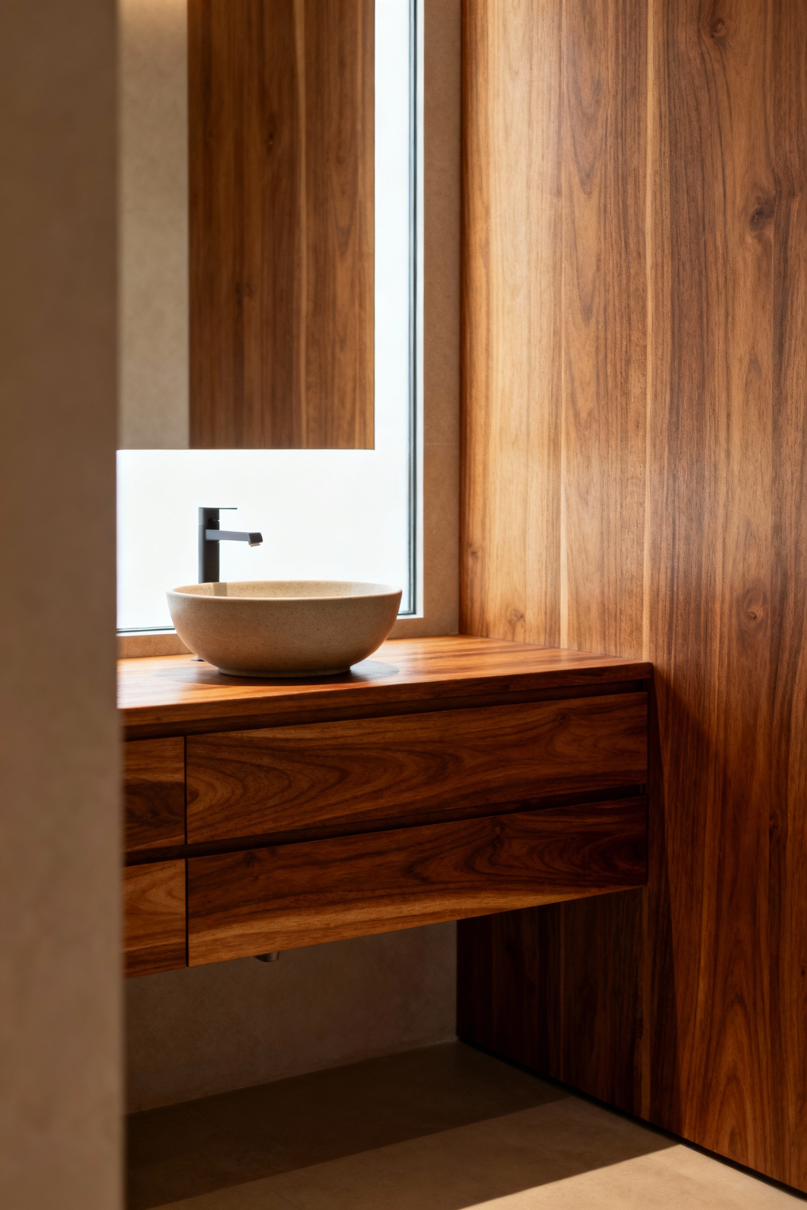 Elegant bathroom featuring a sleek vanity crafted from naturally water-resistant Teak wood, showcasing its durable grain and warm tones under soft, natural light. Emphasizes biophilic design and wood resilience in a serene setting.