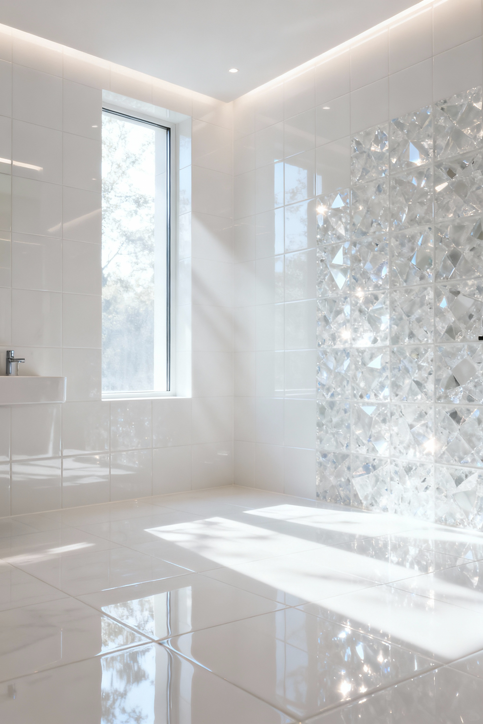 A pristine, minimalist bathroom featuring high-gloss glazed white porcelain tiles reflecting abundant natural light, emphasizing luminous serenity and spaciousness. White bathroom tiles create a bright, clean aesthetic.