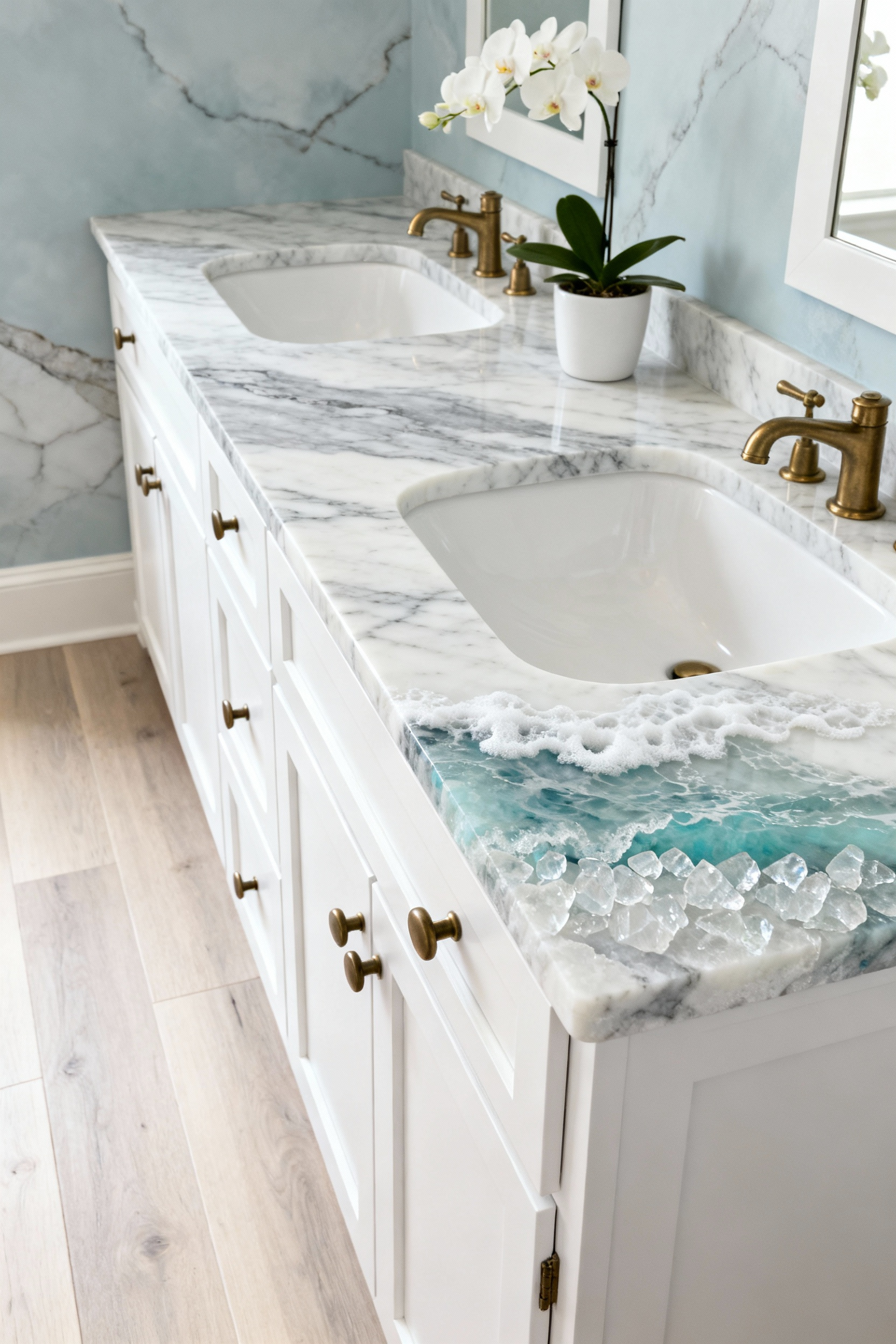 A bright, modern bathroom featuring a double white shaker vanity topped with a quartz countertop that has subtle, swirling gray and pale blue veining, resembling the movement of sea foam.