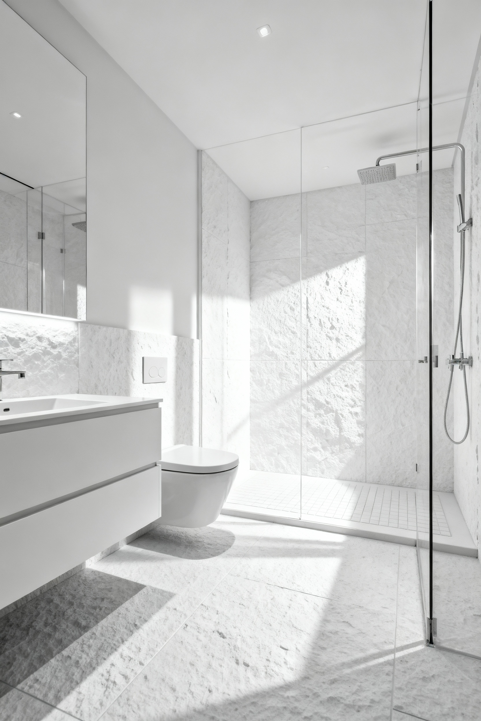 A serene, modern white bathroom featuring textured non-slip ceramic floor tiles and a curbless shower, showcasing an accessible and future-proof design.