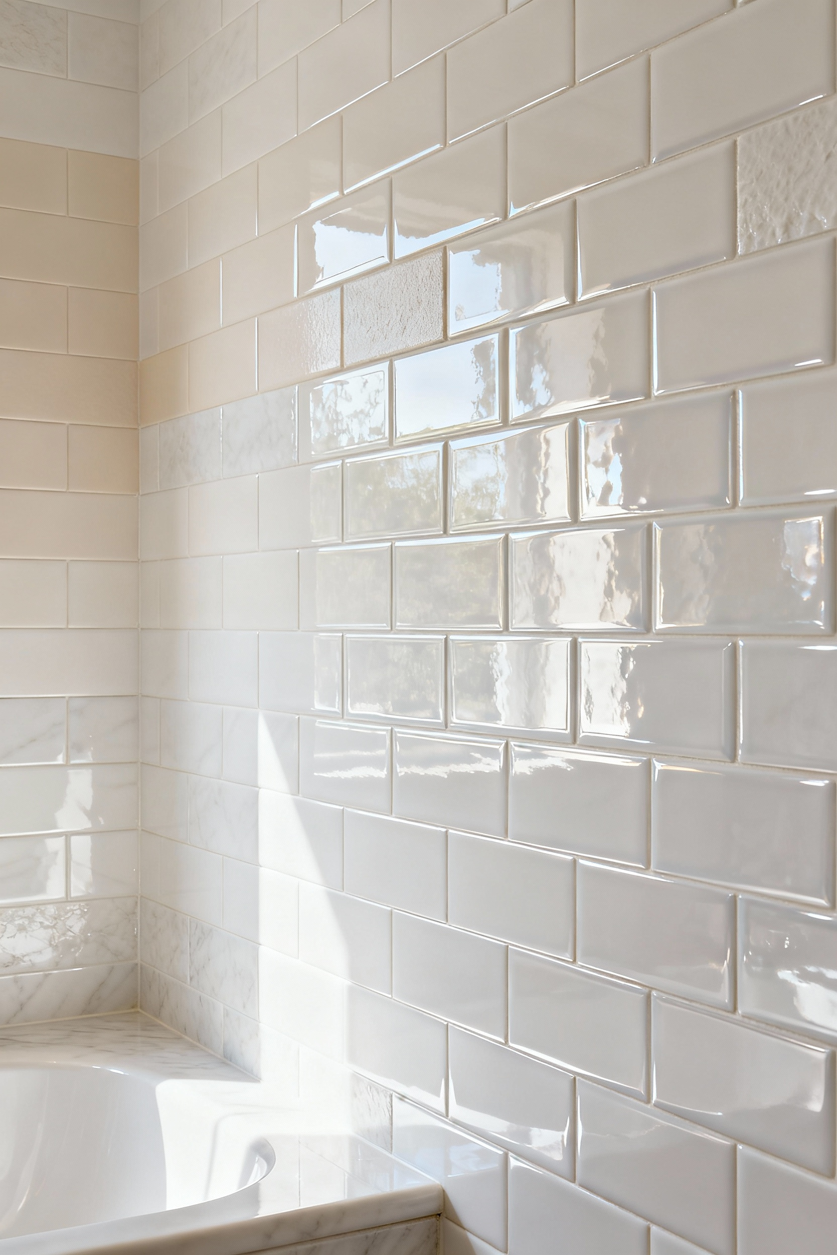A pristine white bathroom wall showcasing a gradient of tile finishes, from soft matte bisque to reflective high-gloss, demonstrating different light interactions and tactile qualities.