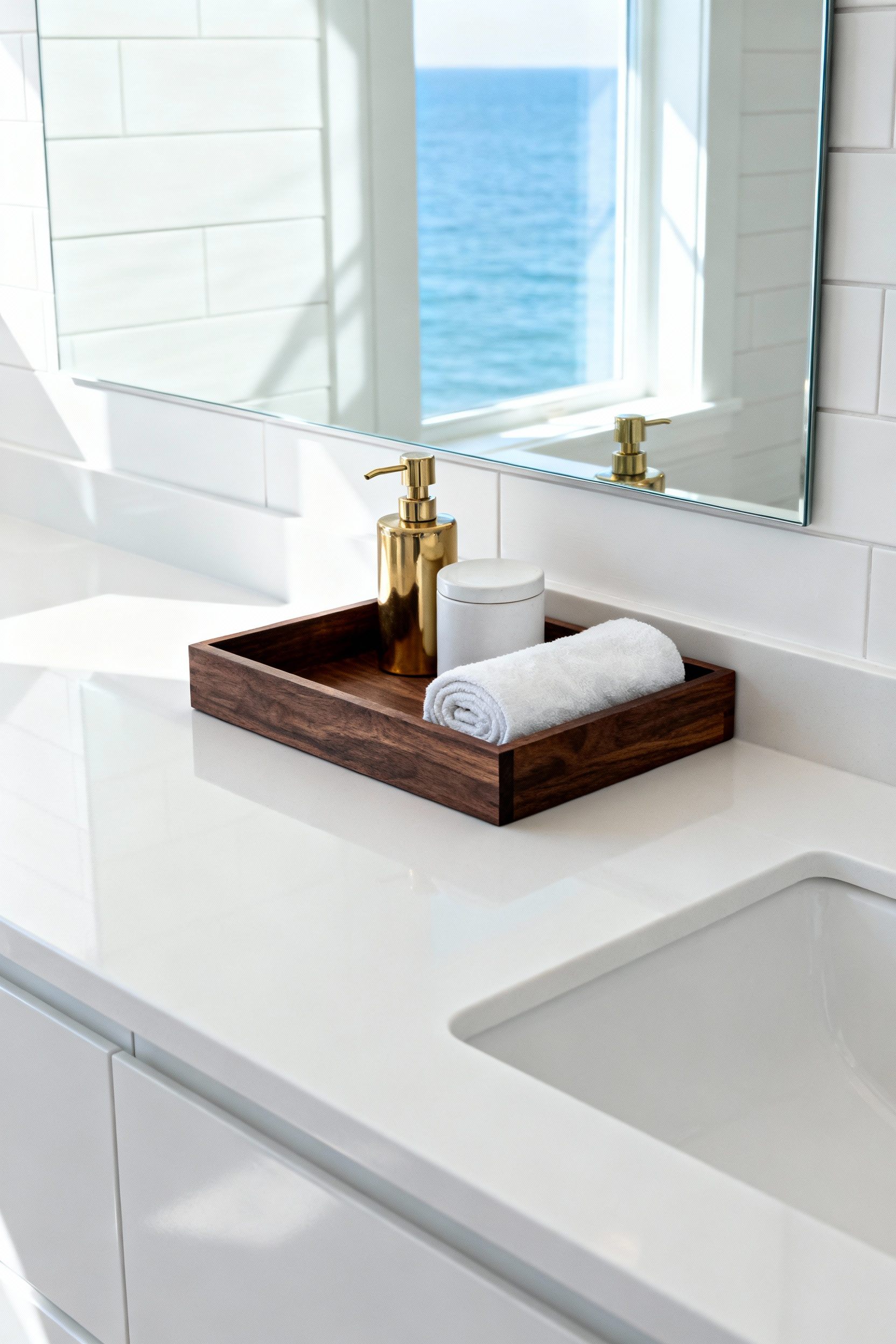 White shaker bathroom vanity with a dark walnut organizing tray holding brass and amber accessories, illuminated by soft coastal morning light.