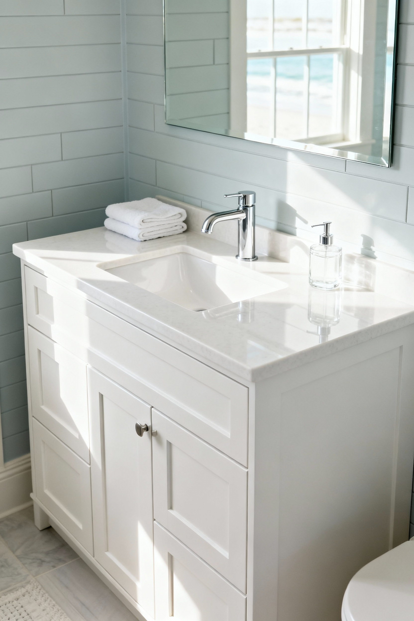 A bright white compact bathroom vanity featuring a seamless undermount rectangular sink and white quartz countertop, designed for easy cleaning and maximizing counter space in a modern, coastal home.