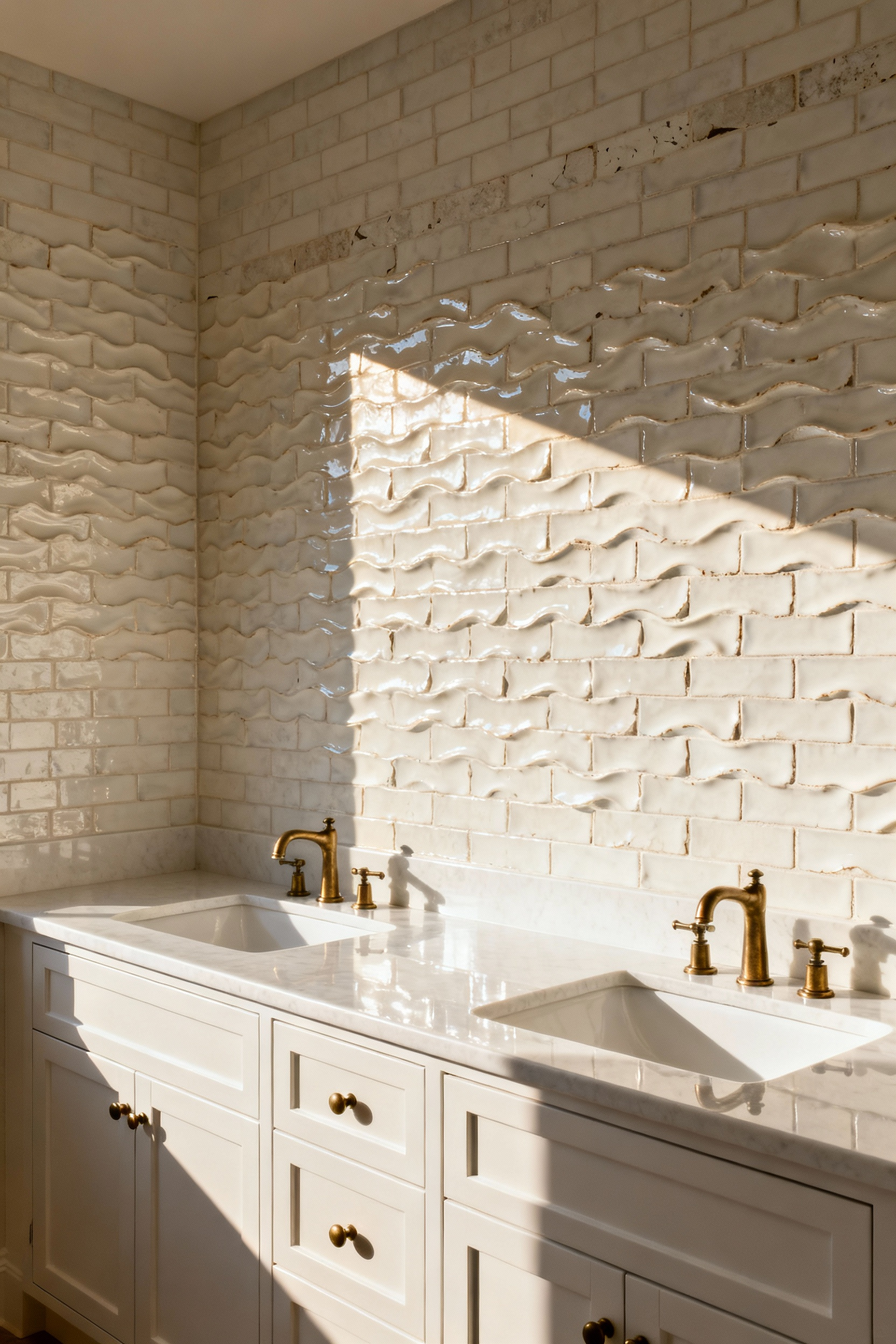 A bright, high-end bathroom featuring a double white bathroom vanity grounded by an undulating, handmade Zellige subway tile backsplash that casts subtle shadows, adding essential visual weight and warmth.