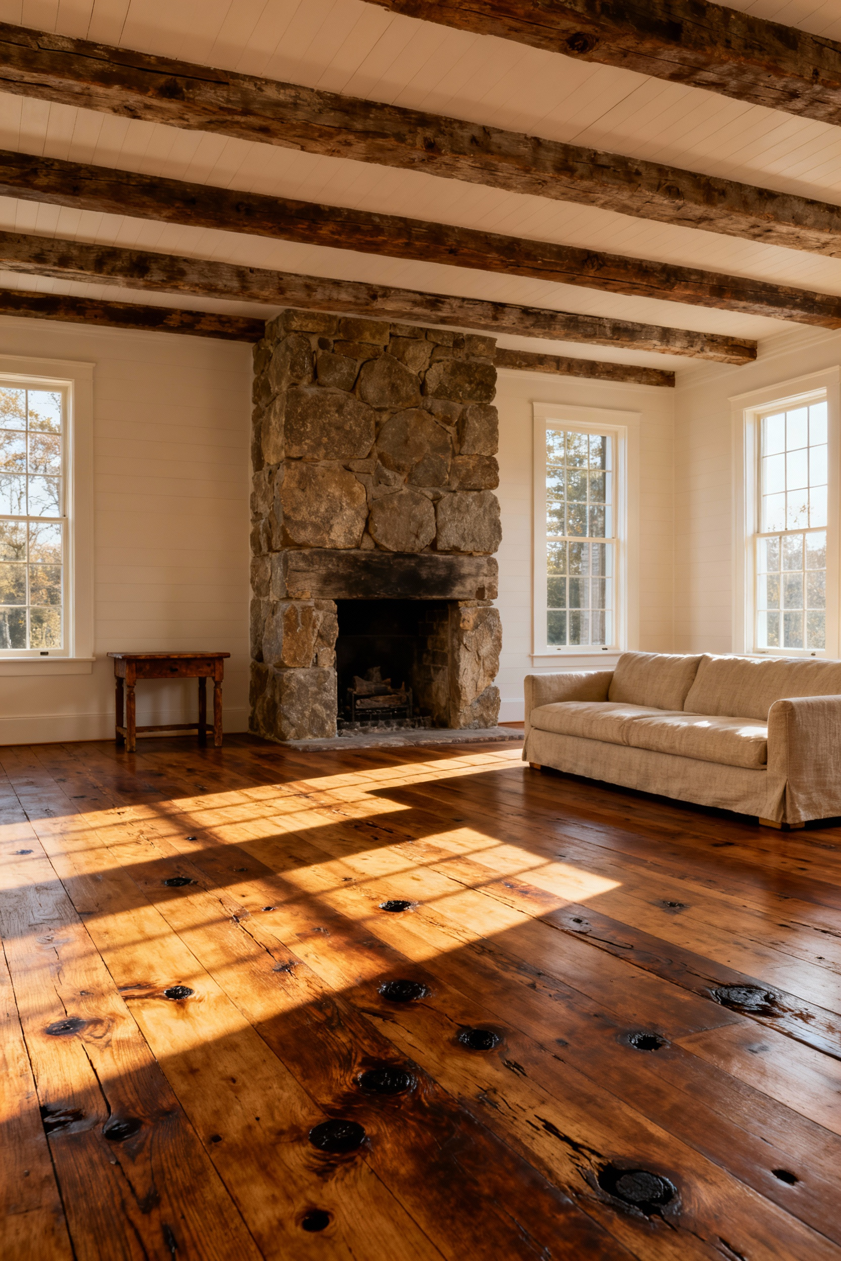 A sun-drenched colonial revival living room featuring wide-plank distressed oak flooring with visible knots and natural imperfections, emphasizing the farmhouse aesthetic.