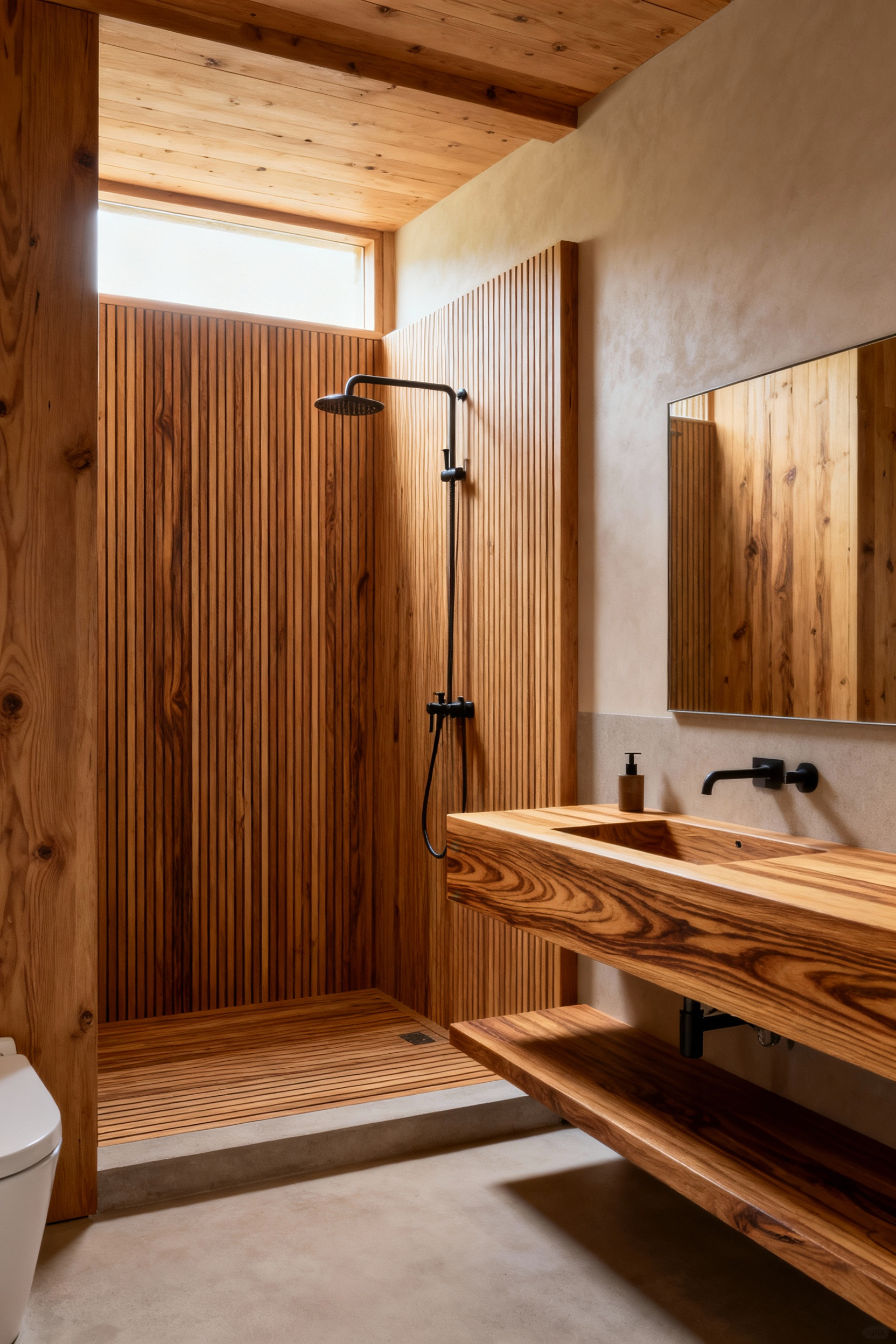 A serene wooden bathroom interior showcasing various elegant wood grain patterns, highlighting stability and moisture resistance for humid climates. Features quarter-sawn and rift-sawn timber in architectural elements like shower walls and vanity.