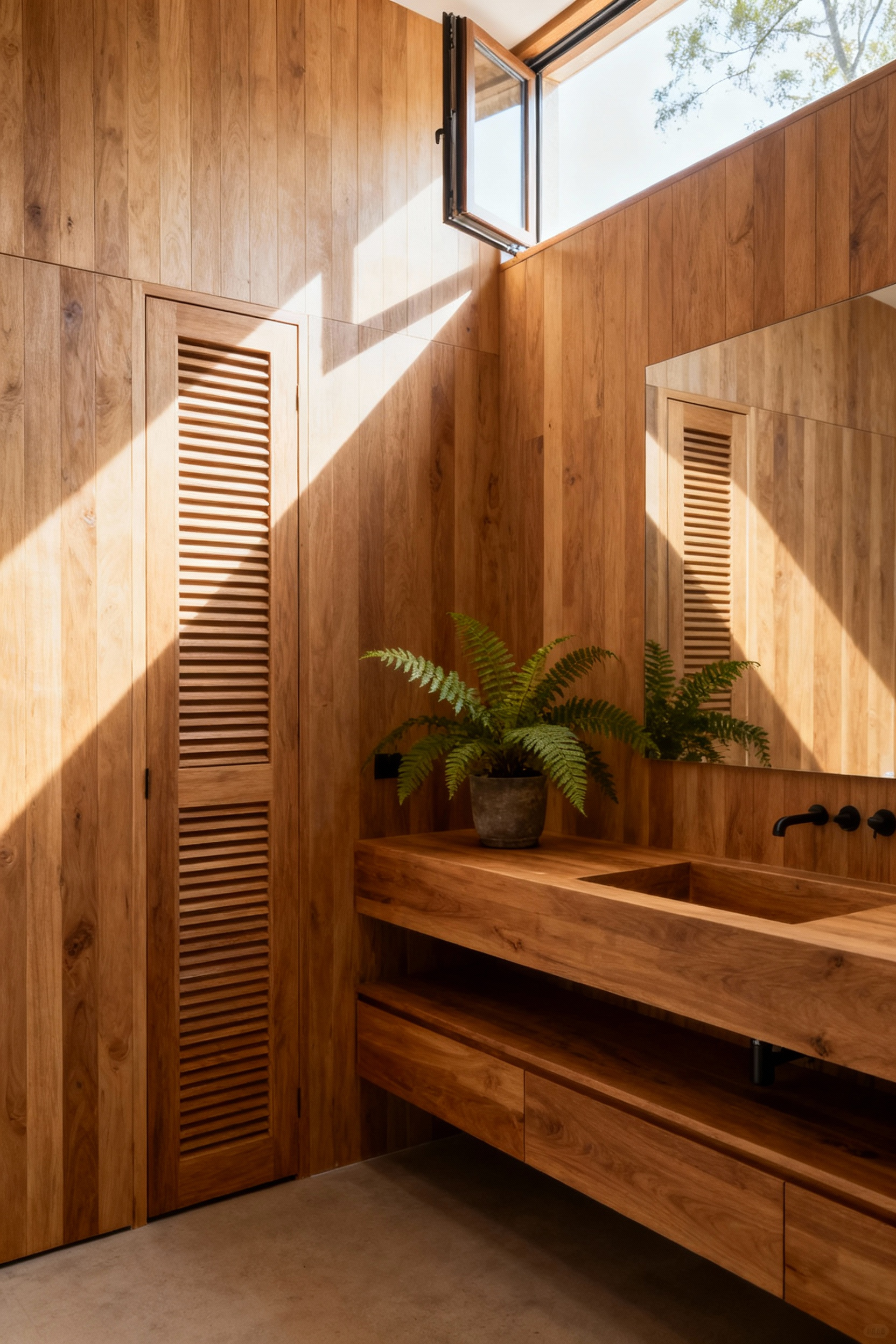 Serene wooden bathroom interior with well-preserved wood paneling and vanity, featuring architectural details suggesting passive ventilation, bathed in natural light, representing proactive moisture management.