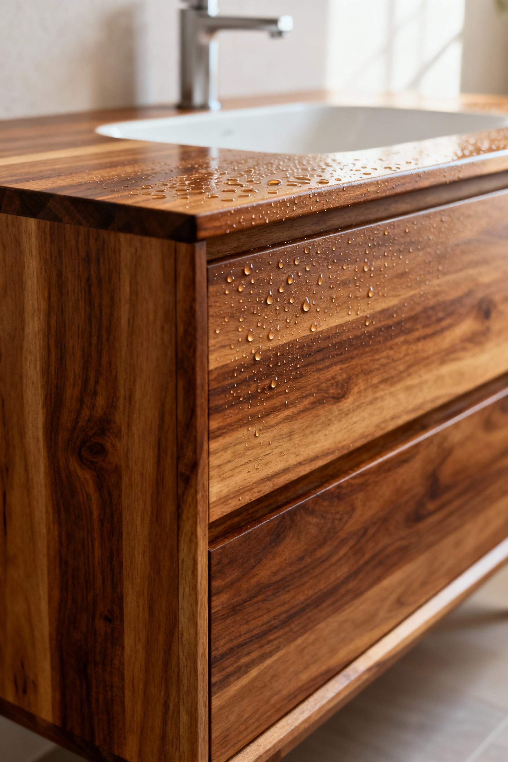 A close-up of a perfectly sealed wooden bathroom vanity with water droplets beading on its surface, demonstrating superior moisture protection from an advanced varnish and sealer system, highlighting the natural grain.
