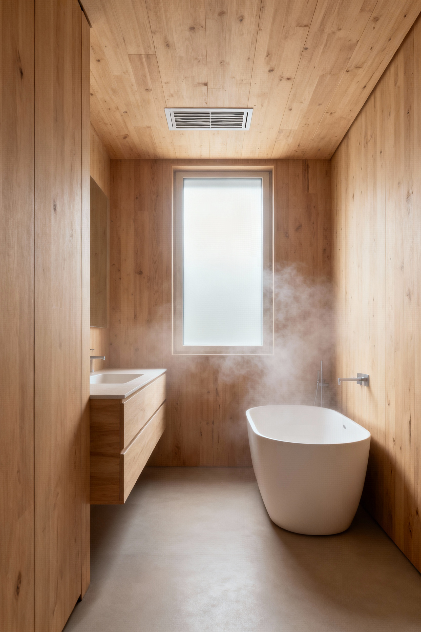 Modern bathroom with thermo-ash wood walls and vanity, showcasing natural humidity control for ambient wellness. Soft, diffused light accentuates the serene, balanced atmosphere.