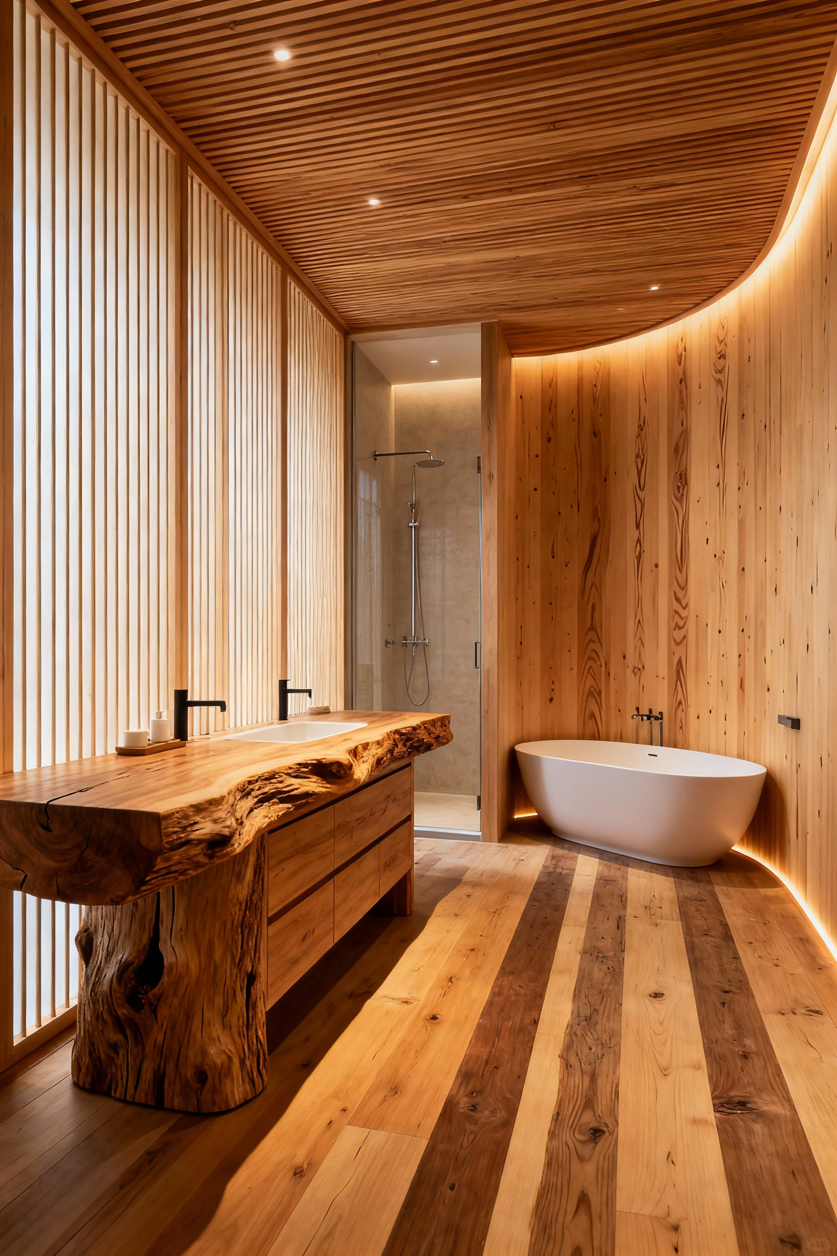 A professional photograph of a biophilic bathroom featuring harmonious wooden layouts. A live-edge vanity, slat wall panels, a curved hinoki cypress wall, a minimalist soaking tub, and white oak flooring define distinct zones and guide the eye, illuminated by biophilic ambient lighting. The design emphasizes natural wood textures and spatial balance.