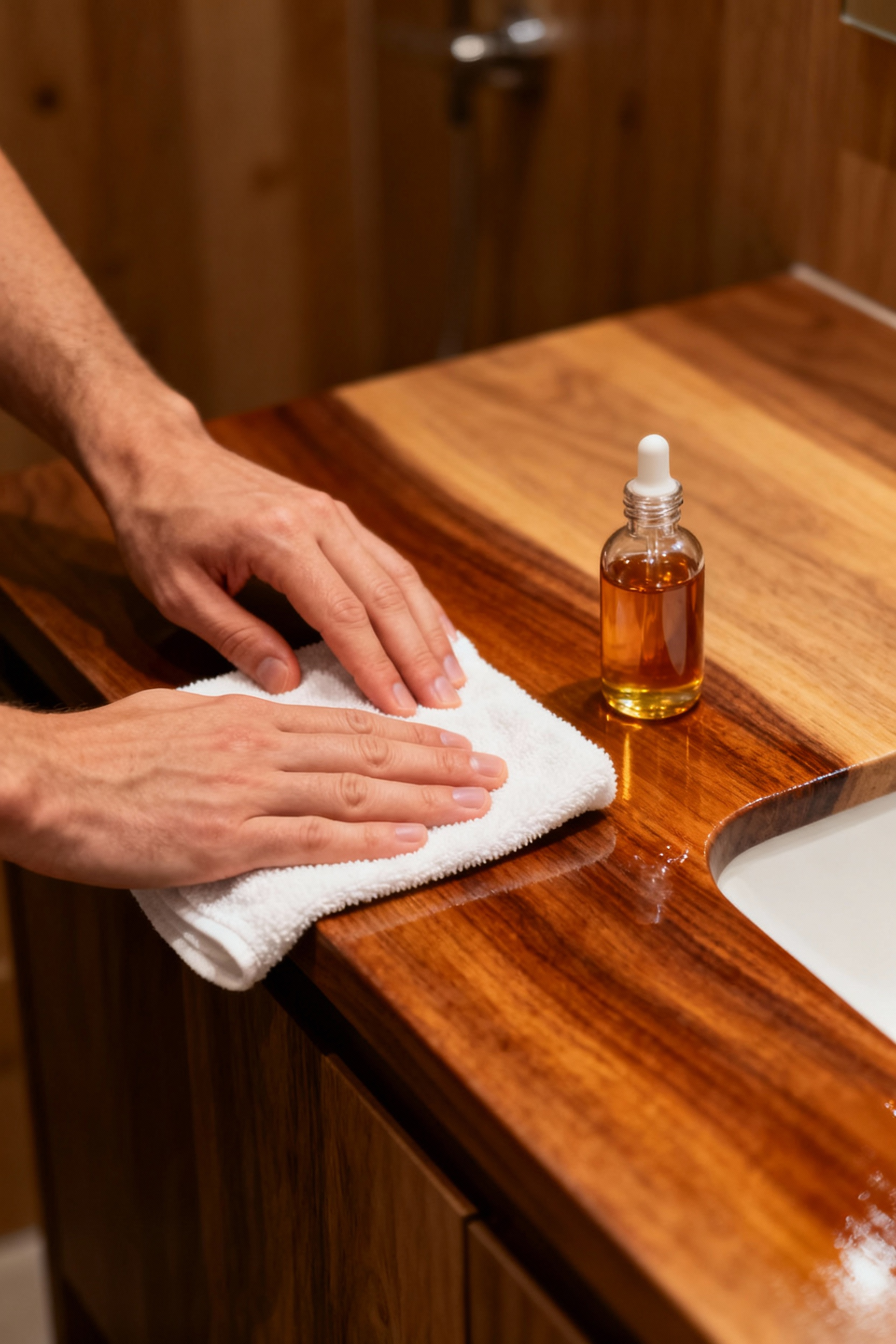 Close-up of hands gently polishing a smooth wooden bathroom vanity with a soft cloth and natural oil, showcasing diligent wooden bathroom maintenance for lasting beauty.