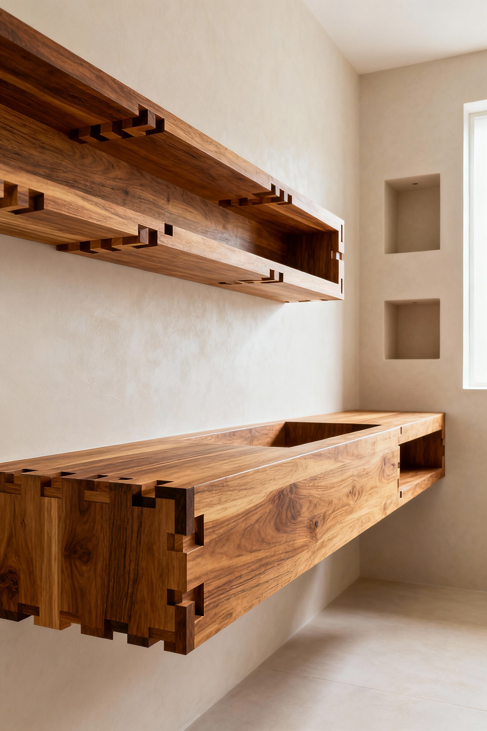 Bathroom interior with natural wooden floating shelves and recessed niches featuring visible exposed joinery details, against a smooth wall, conveying a minimalist and serene biophilic design.