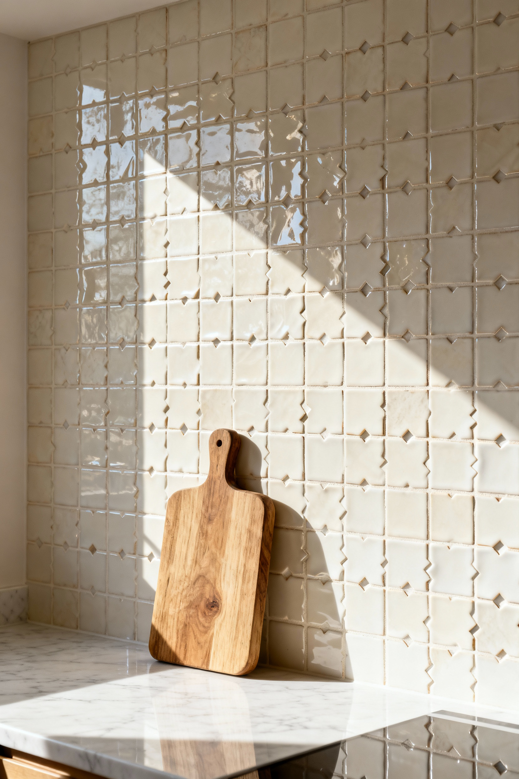 Full kitchen backsplash wall covered in creamy white Moroccan Zellige tiles, highlighting the perfectly imperfect hand-cut texture and uneven reflective glaze under strong directional sunlight.