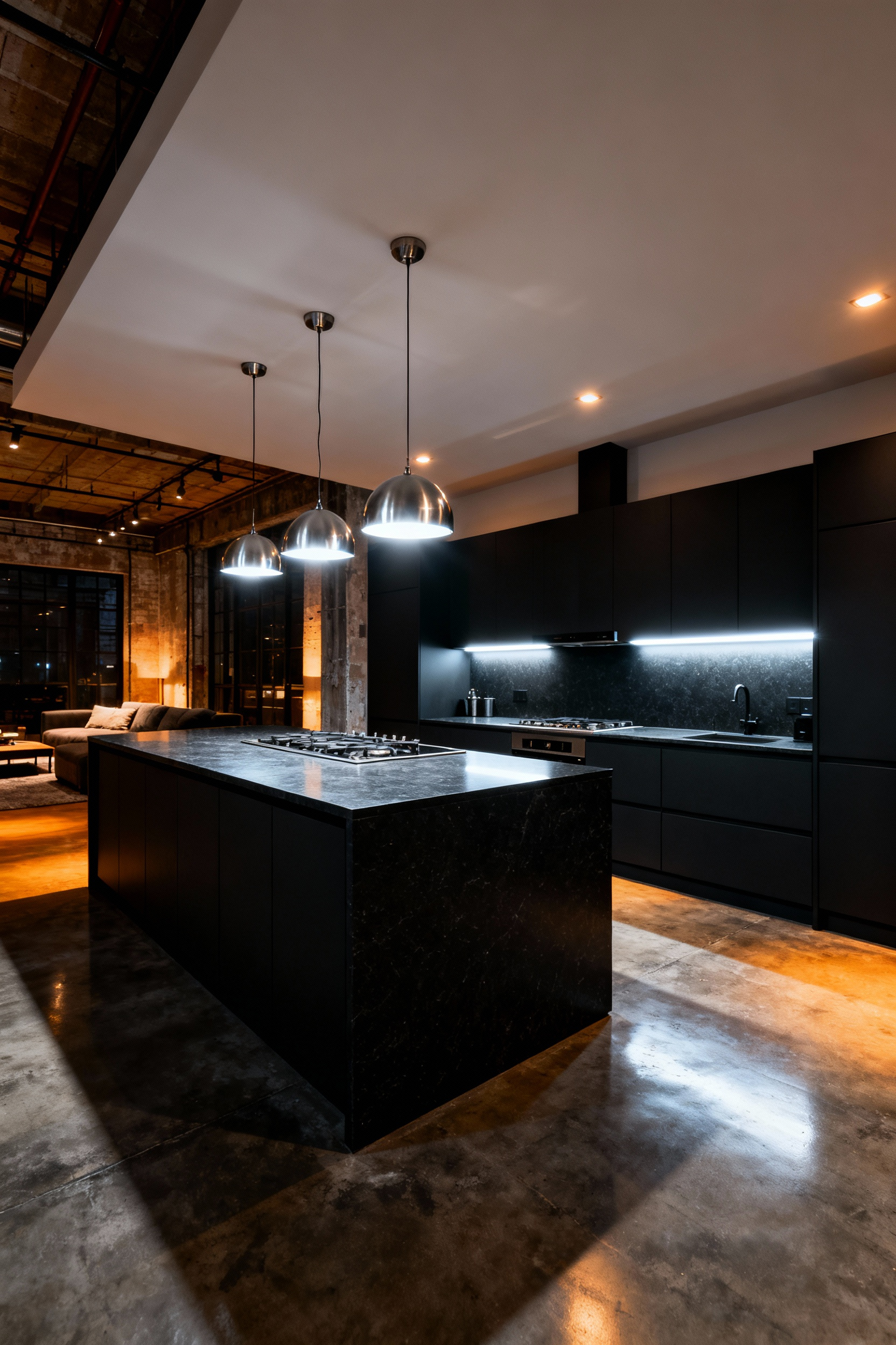 Open-concept industrial kitchen showing zoned lighting where intense, cool-white task lights over the island are isolated from the soft, warm ambient lights of the adjacent living space.