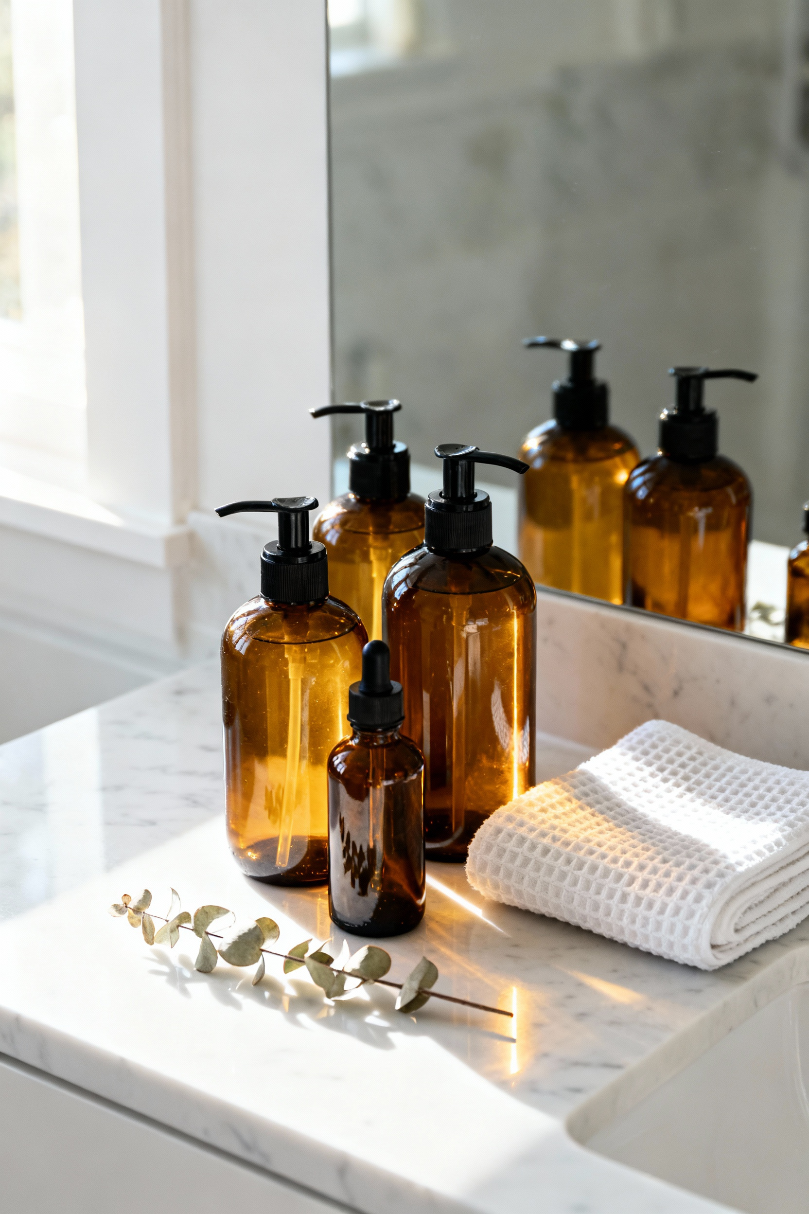 Uniform amber glass apothecary jars with black pumps arranged on a clean white marble bathroom counter, illustrating visual silence and high-end spa decor.