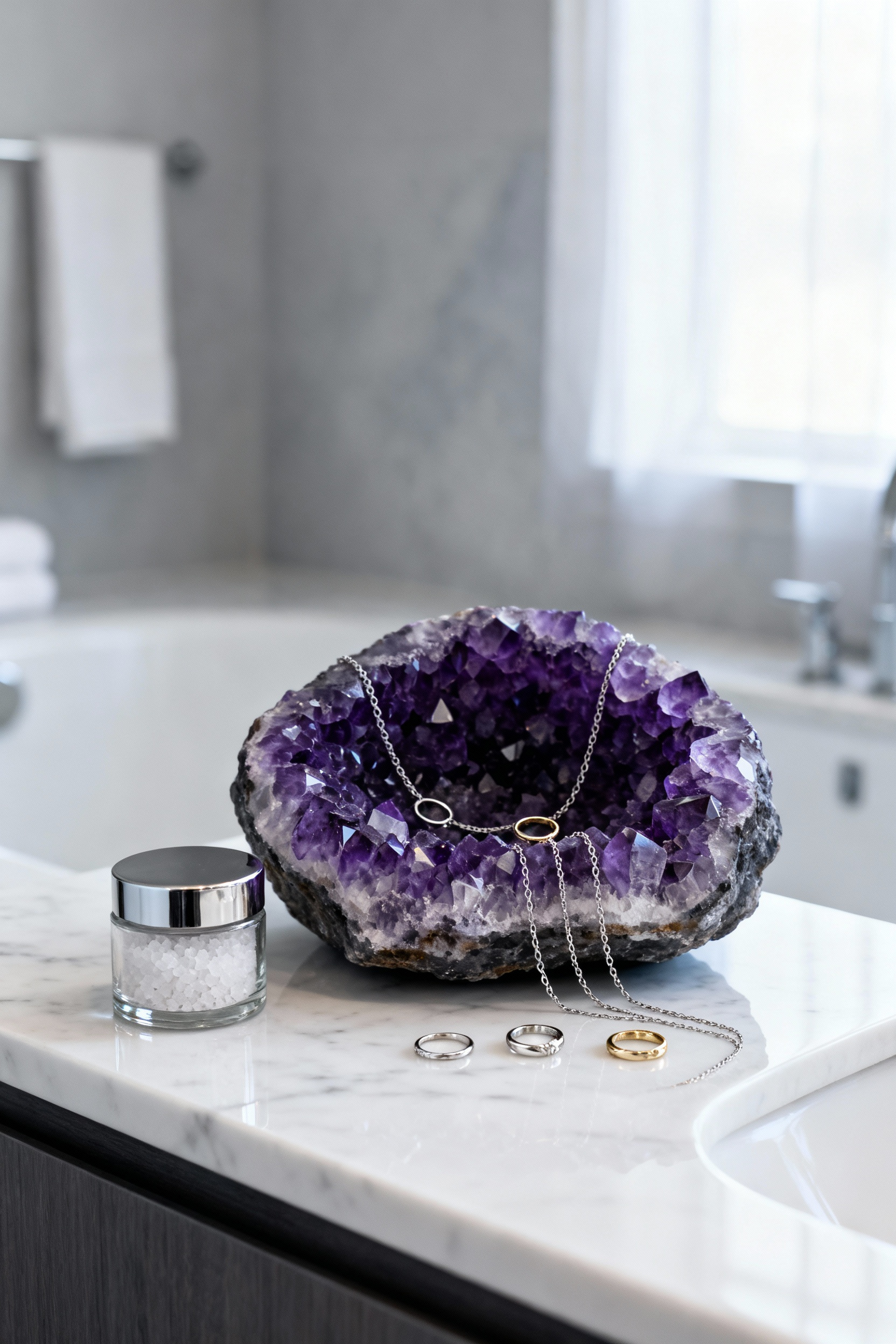 A large purple Amethyst geode on a white marble bathroom counter holding minimalist silver and gold jewelry, emphasizing mindful storage and spa-like decor.